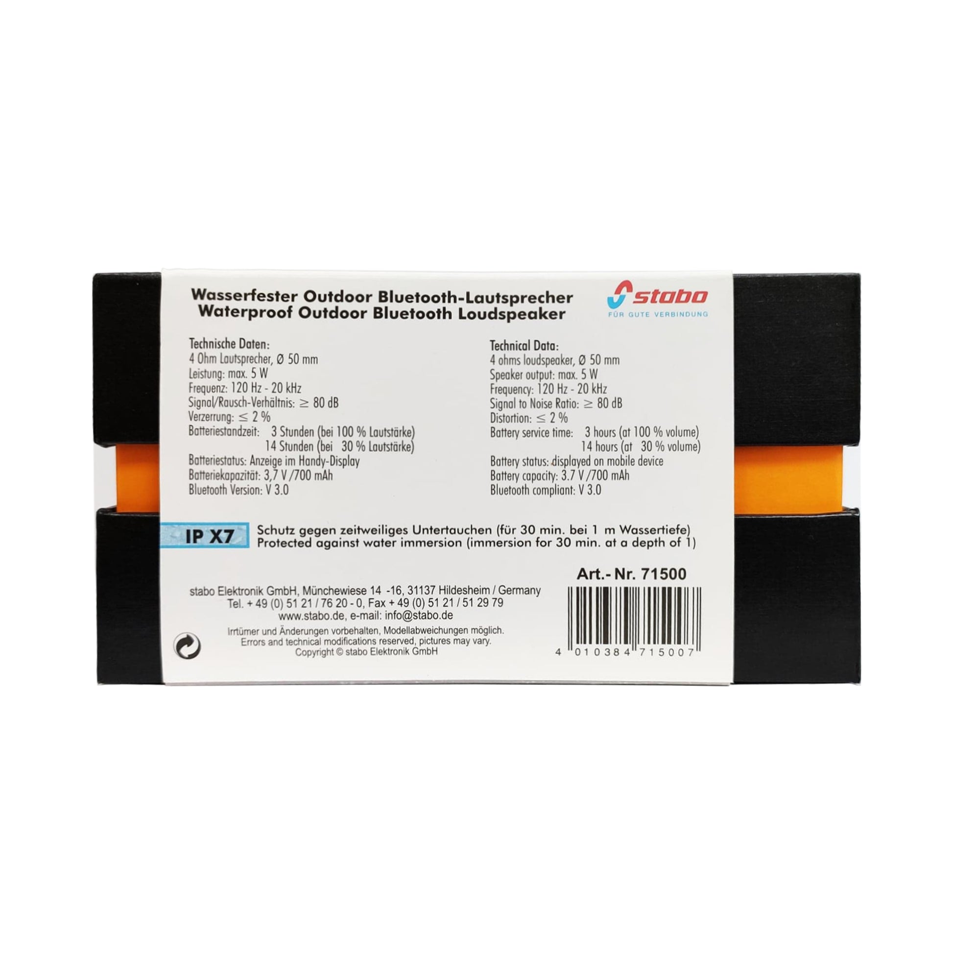 Boxa portabila Stabo de exterior, Waterproof IPX7, Bluetooth 4.2, Putere 5W, Handsfree, Compatibil Siri, cod 71500