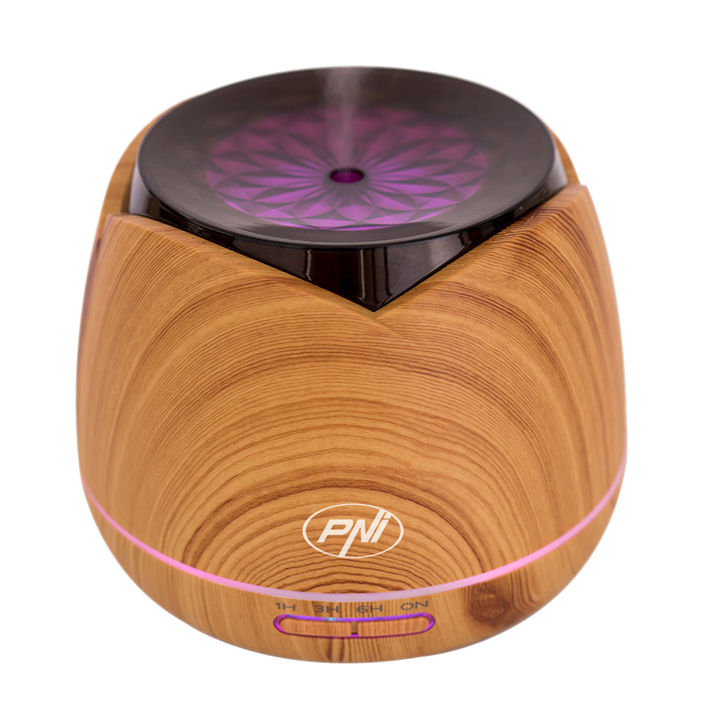 Difuzor aromaterapie PNI HU180 pentru uleiuri esentiale,  cu ultrasunete, 400 ml, timer, 7 culori LED, inchidere automata, Wood Grain