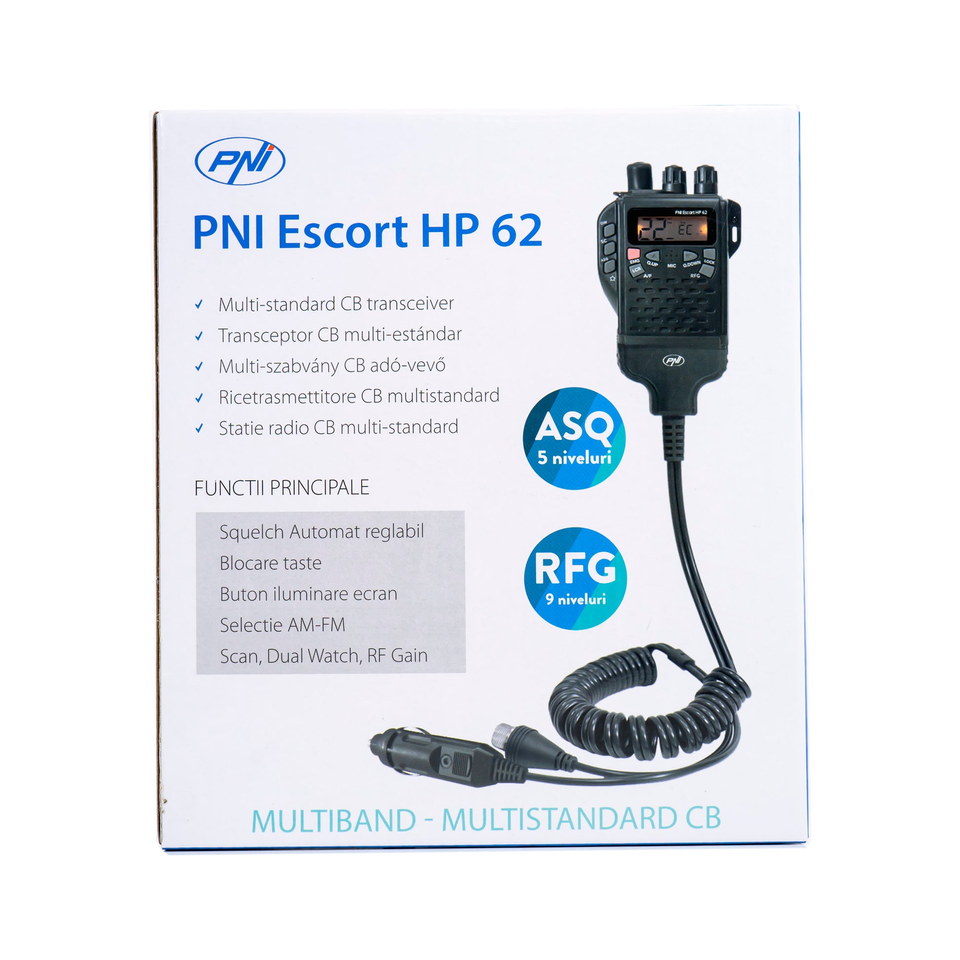 Statie radio CB portabila PNI Escort HP 62, multi standard, 4W, 12V, AM-FM, ASQ reglabil pe 5 niveluri, RF Gain pe 9 niveluri, Dual Watch, Scan, Lock