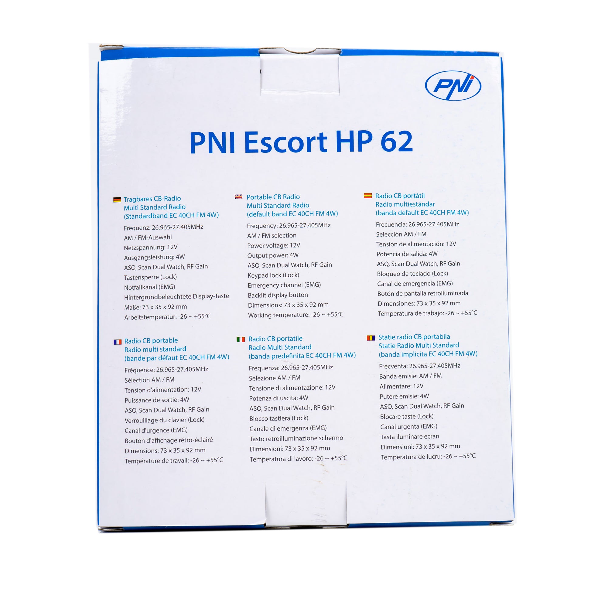 Statie radio CB portabila PNI Escort HP 62, multi standard, 4W, 12V, AM-FM, ASQ reglabil pe 5 niveluri, RF Gain pe 9 niveluri, Dual Watch, Scan, Lock