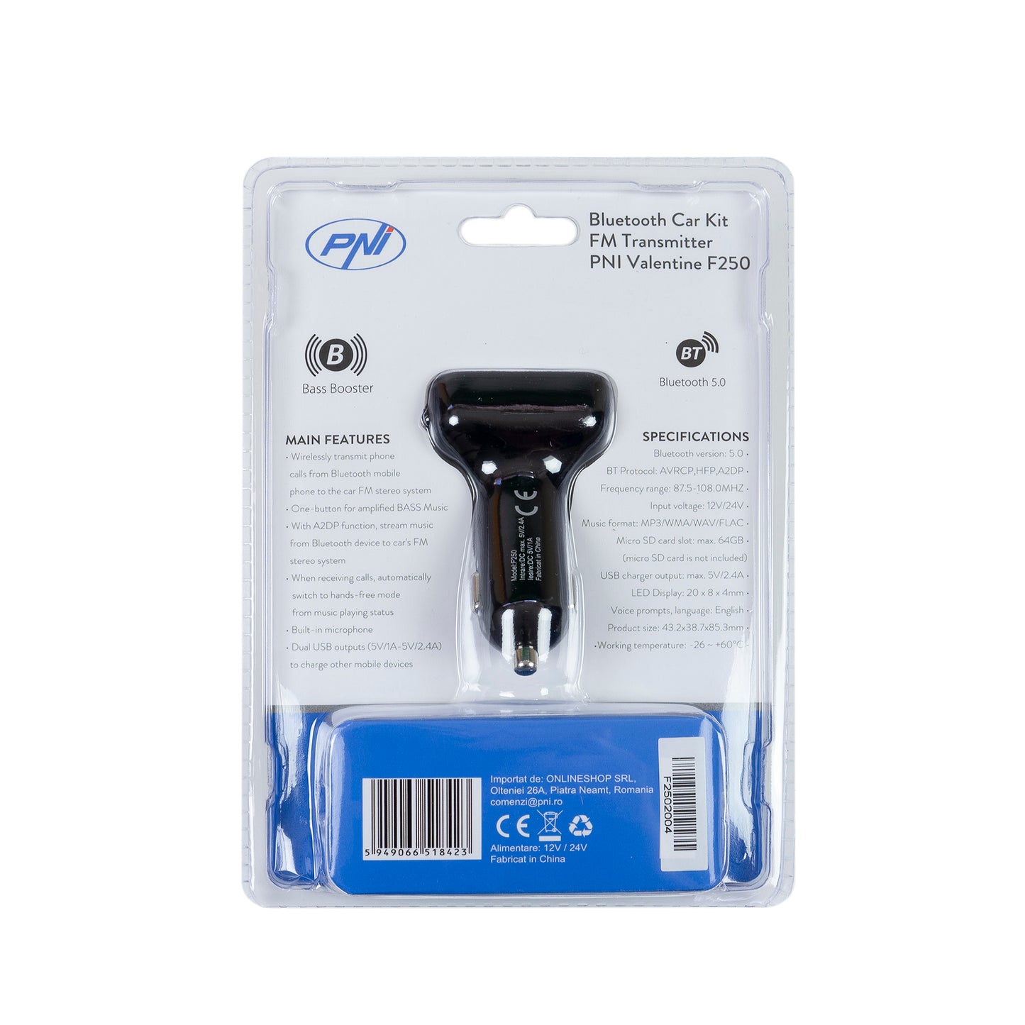 Modulator FM PNI Valentine F250 Bluetooth 5.0, MP3 player, transmitator FM, slot micro SD, port USB dual, incarcare rapida dispozitive mobile, buton super bass