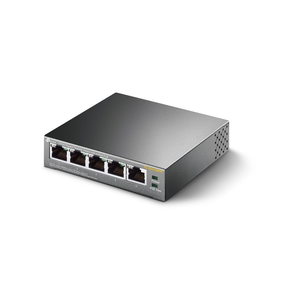 Switch TP-LINK TL-SG1005P, 5 x 10/100/1000 Mbps Gigabit din care 4 porturi PoE, carcasa metalica