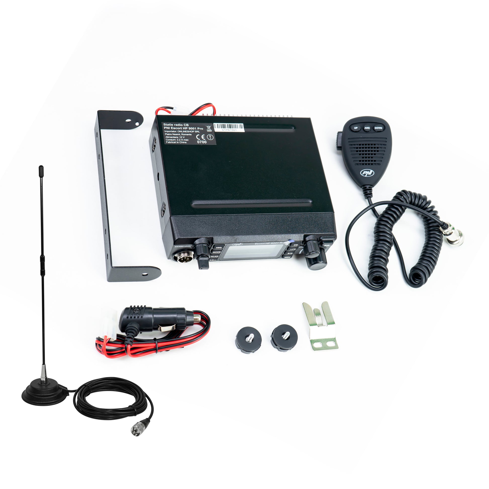 Pachet Statie radio CB PNI ESCORT HP 9001 PRO ASQ reglabil, AM-FM, 12V/24V, 4W + Antena CB PNI Extra 40 cu magnet, 30W, 26-30MHz, SWR 1.0, fibra de sticla