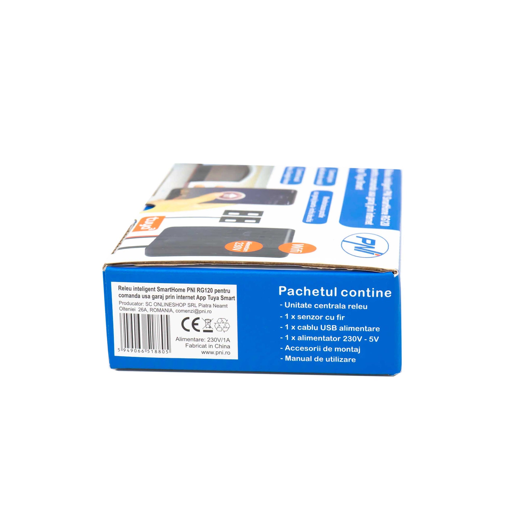 Releu inteligent PNI SmartHome RG120 WiFi pentru comanda deschidere usa garaj/poarta monitorizata prin internet cu App Tuya Smart, compatibil Amazon Alexa si Google Home, deschizător pentru uși de garaj