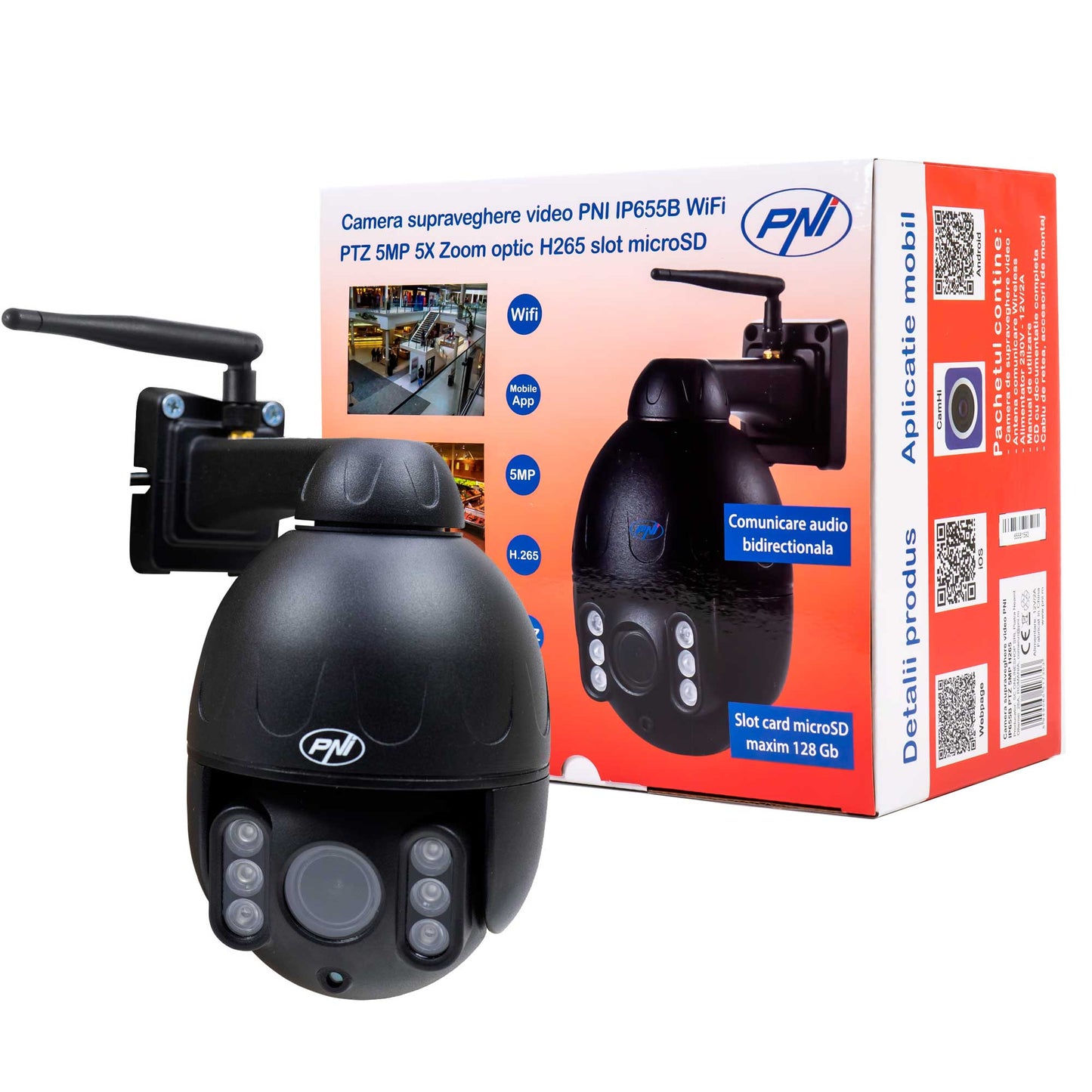 Camera supraveghere video PNI IP655B 5MP WiFi PTZ 5X Zoom optic H265, slot microSD, stand-alone, Night Vision 50m IP66 Alarma detectie miscare Comunicare audio bidirectionala