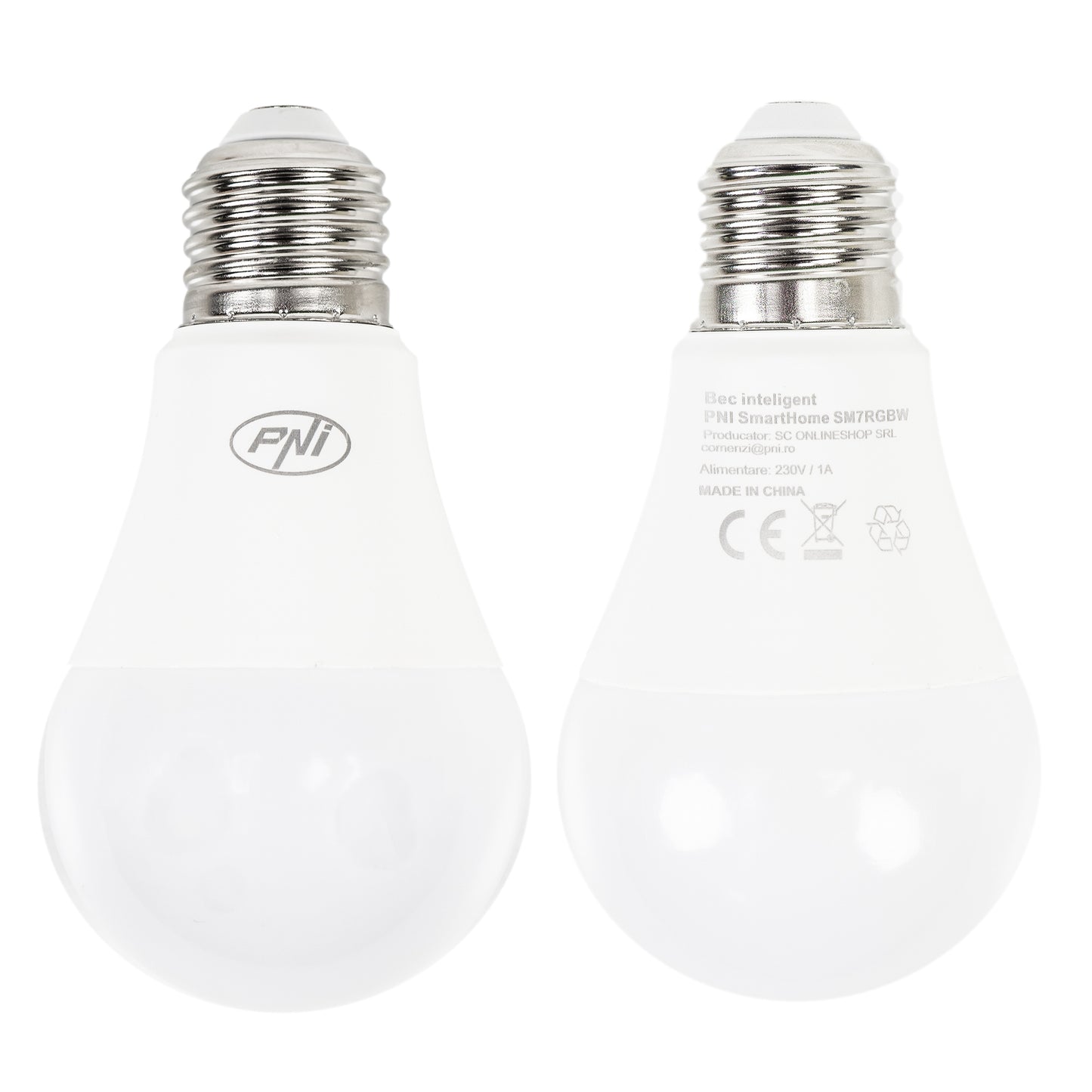 Bec inteligent PNI SmartHome SM7RGBW LED 7W lumina RGBW reglabila, programabil WiFi, control prin internet, App Tuya Smart, compatibil Amazon Alexa si Google Home