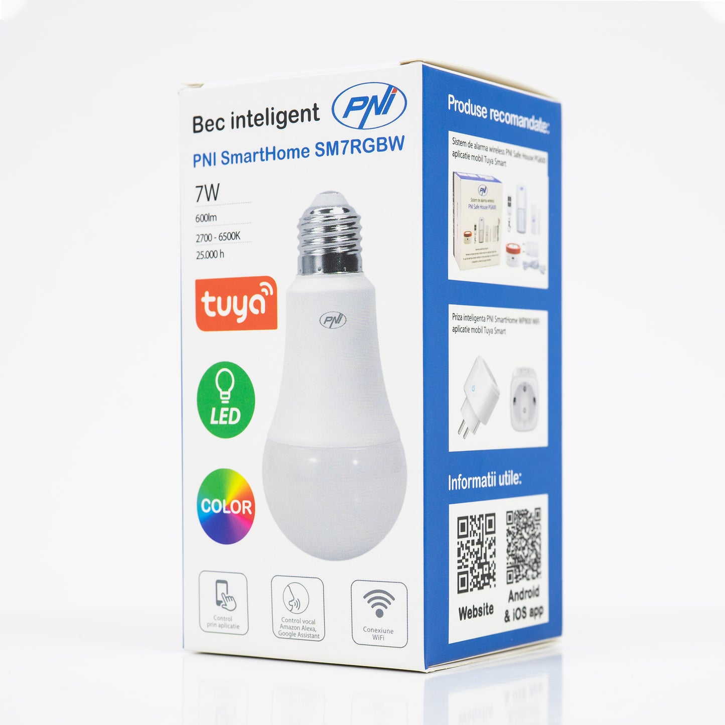 Bec inteligent PNI SmartHome SM7RGBW LED 7W lumina RGBW reglabila, programabil WiFi, control prin internet, App Tuya Smart, compatibil Amazon Alexa si Google Home