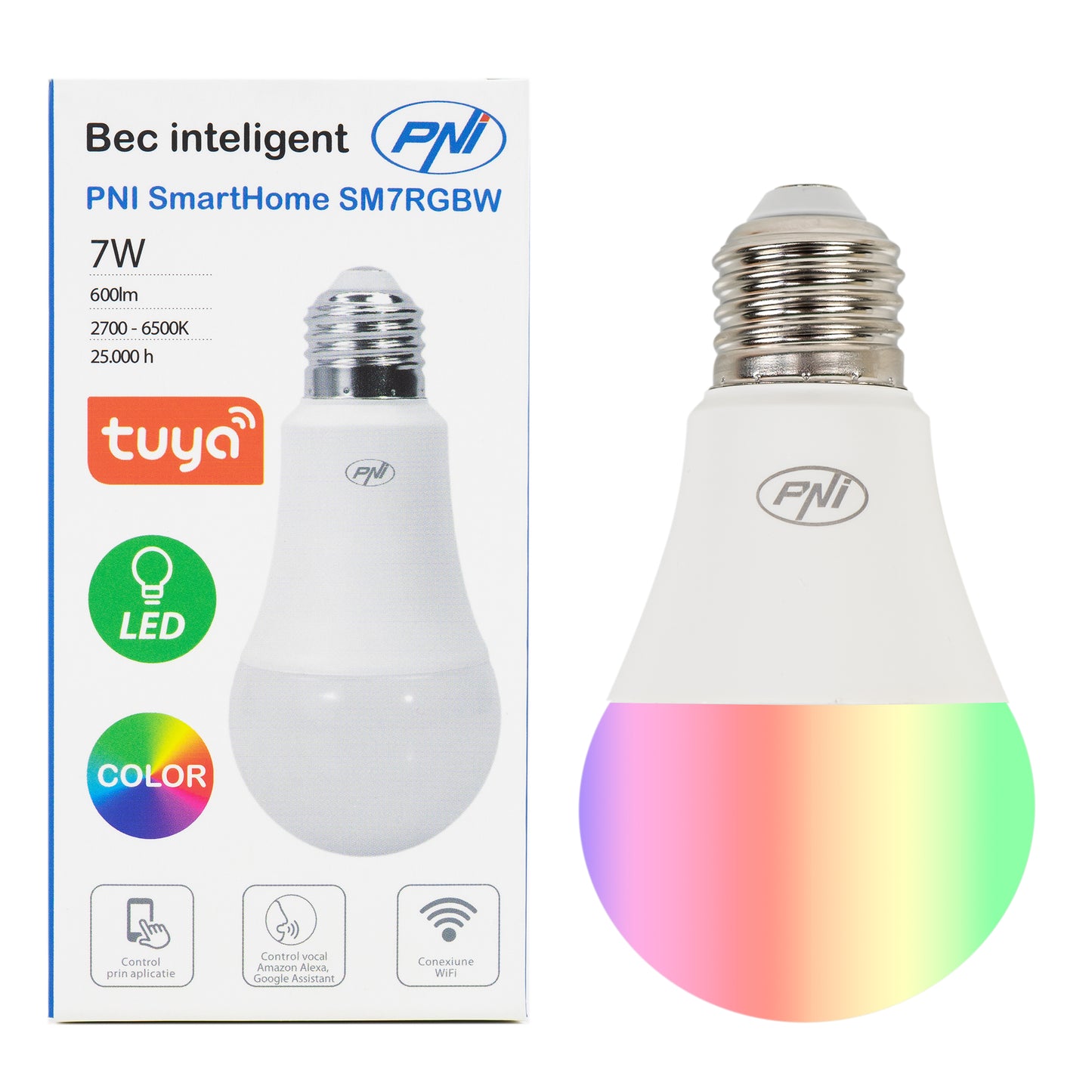 Bec inteligent PNI SmartHome SM7RGBW LED 7W lumina RGBW reglabila, programabil WiFi, control prin internet, App Tuya Smart, compatibil Amazon Alexa si Google Home