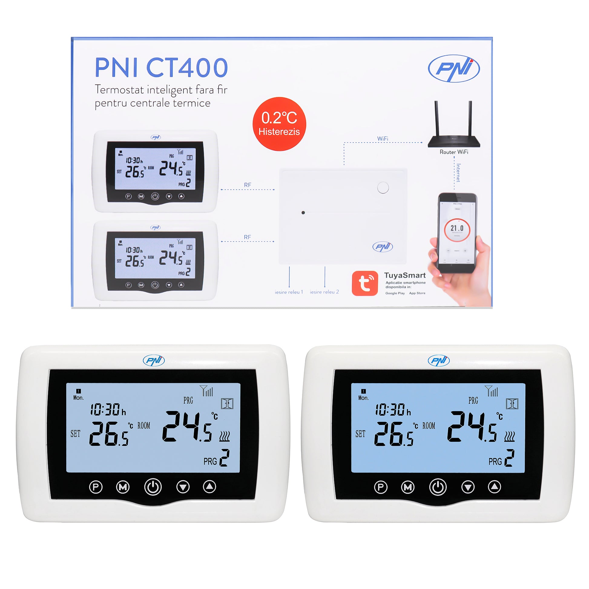 Termostat inteligent PNI CT400 fara fir, cu WiFi, controleaza 1 centrala si 2 zone diferite, parter etaj prin Internet, pentru centrale termice, pompe, electrovalve, APP TuyaSmart, histerezis 0.2 grade C, controleaza 2 grupuri de pompare prin 2 switch-uri