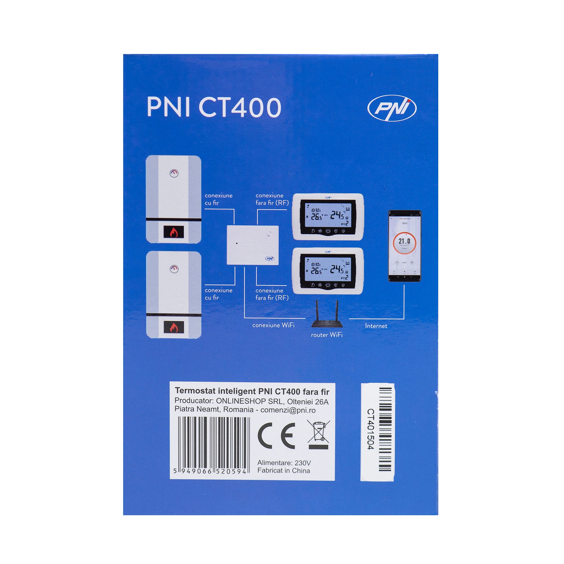 Termostat inteligent PNI CT400 fara fir, cu WiFi, controleaza 1 centrala si 2 zone diferite, parter etaj prin Internet, pentru centrale termice, pompe, electrovalve, APP TuyaSmart, histerezis 0.2 grade C, controleaza 2 grupuri de pompare prin 2 switch-uri