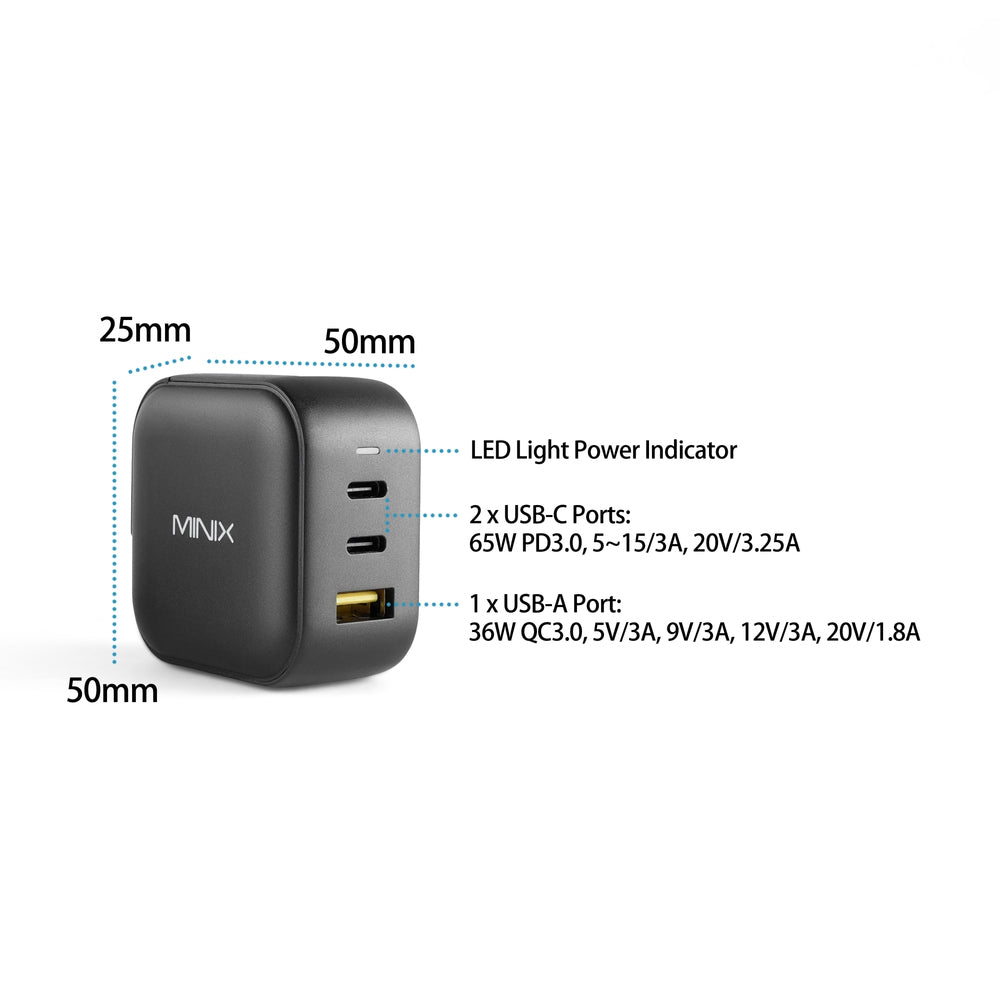 Incarcator Minix NEO P1 cu 3 porturi USB 2 x USB-C 3.0 (Max 65W) 1 x USB-A Quick Charge 3.0 (Max 36W)