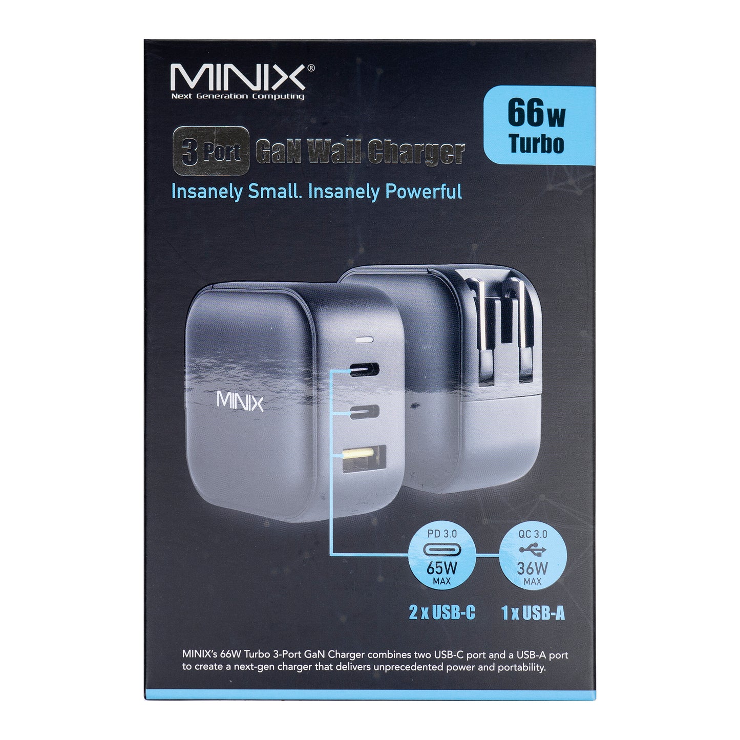 Incarcator Minix NEO P1 cu 3 porturi USB 2 x USB-C 3.0 (Max 65W) 1 x USB-A Quick Charge 3.0 (Max 36W)