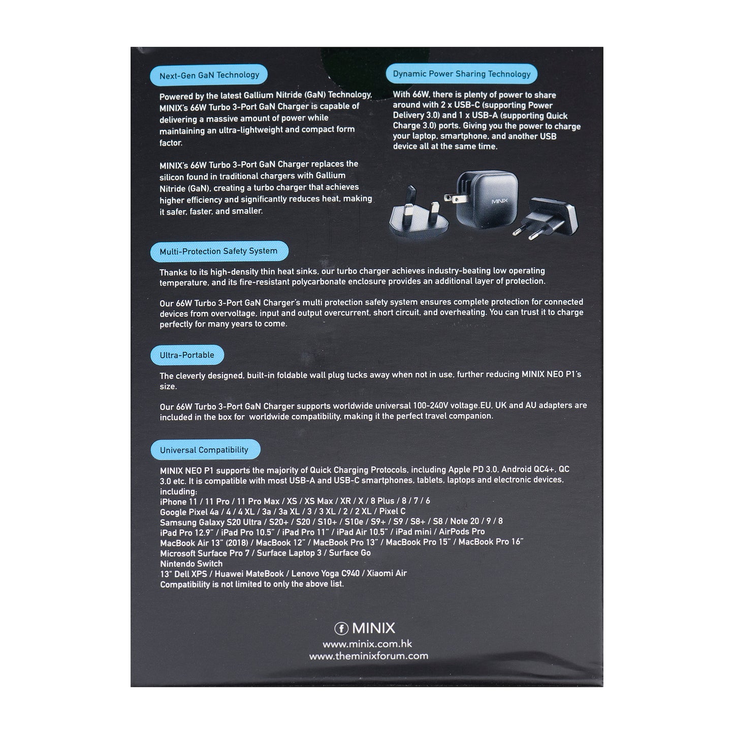 Incarcator Minix NEO P1 cu 3 porturi USB 2 x USB-C 3.0 (Max 65W) 1 x USB-A Quick Charge 3.0 (Max 36W)