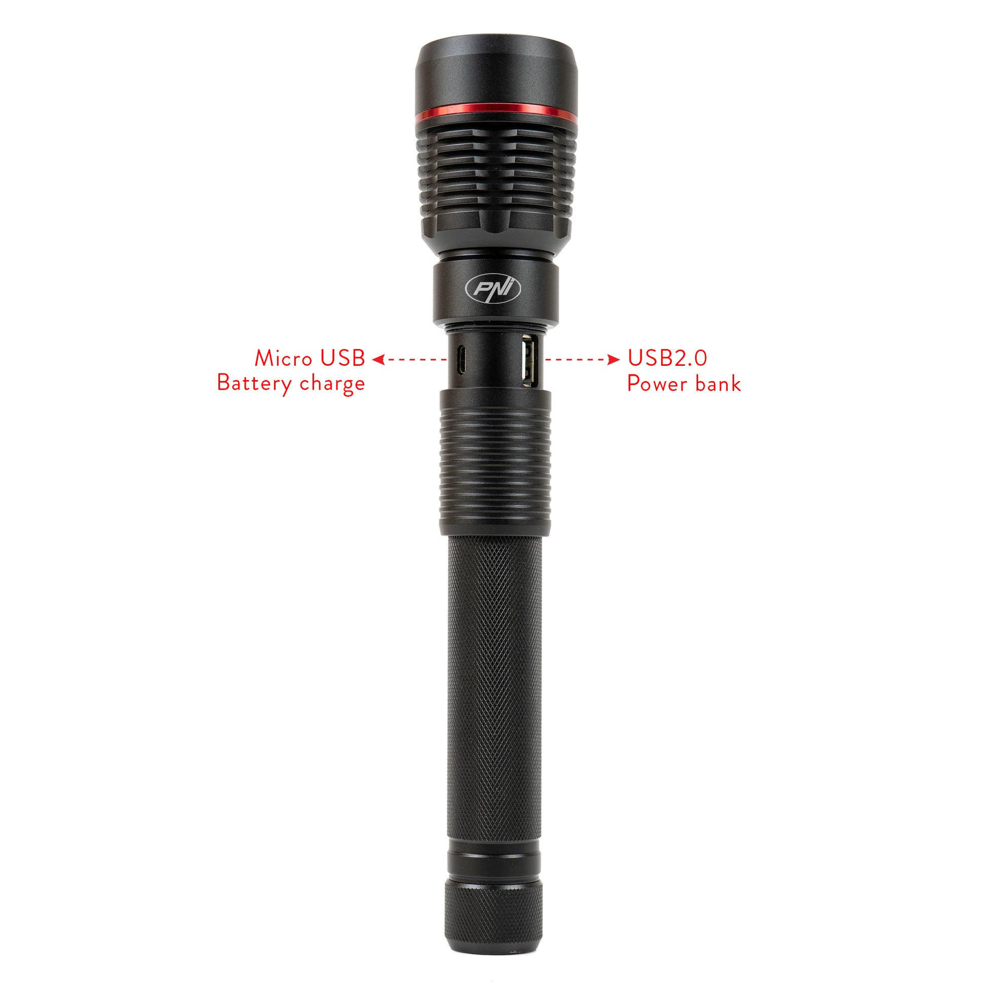 Lanterna PNI Adventure F450 din aluminiu cu focus si functie BOOST, led 20 W, 1500 lm  pana la 450 m, IPX5, power bank cu iesire USB, incarcare prin micro USB, acumulator 4400 mAh inclus, functioneaza 10 ore continuu