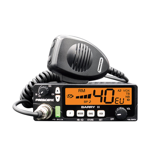 Kit Statie radio CB President BARRY II ASC AM/FM, Roger Beep, NB, ANL, Port USB, VOX, 12V/24V + Antena CB President Maryland 155 cm 500W cu montura prindere fixa si cablu inclus