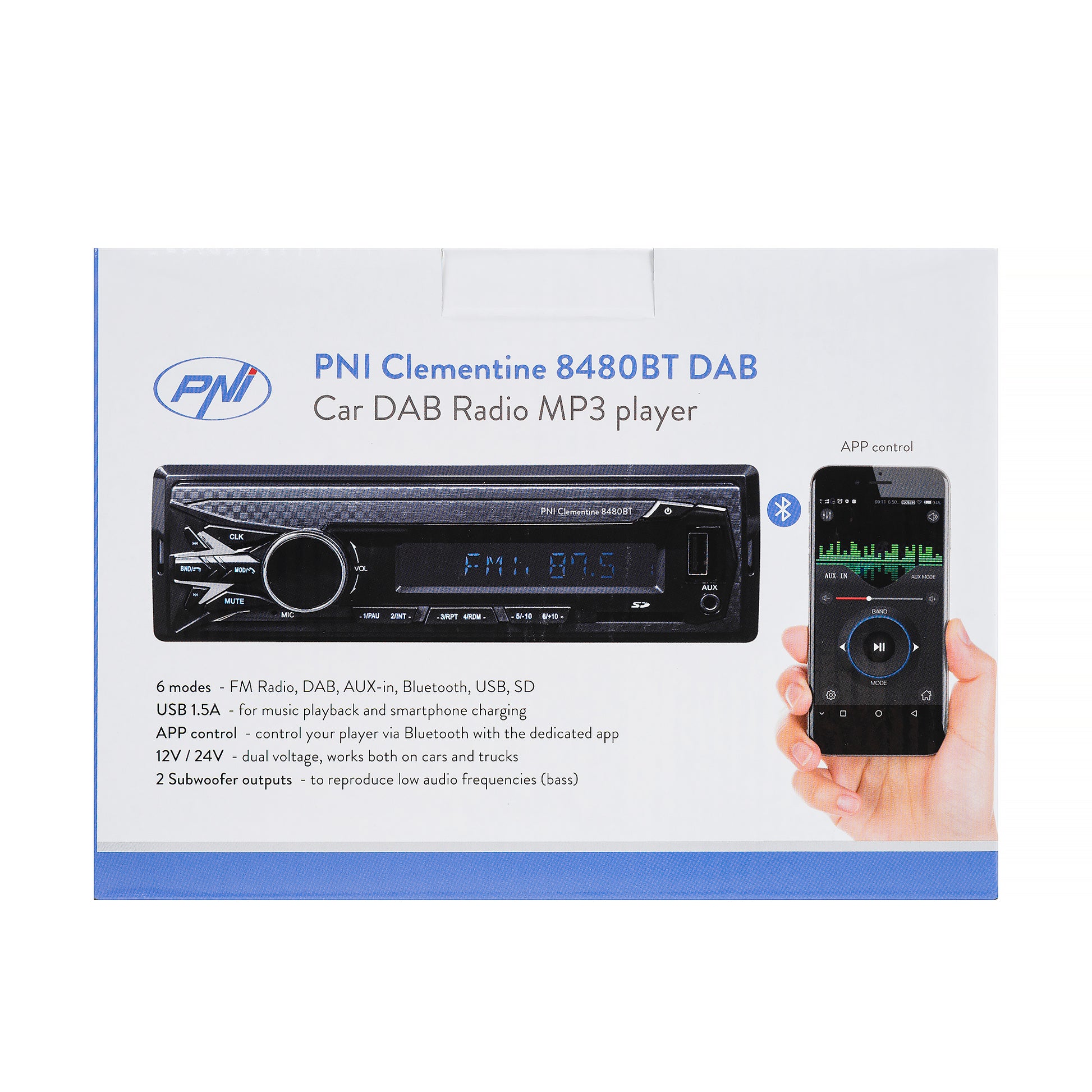 DAB si RDS radio MP3 player auto PNI Clementine 8480BT 4x45w, 12/24V, 1 DIN, cu SD, USB, AUX, RCA, Bluetooth si USB 1.5A pentru incarcare telefon