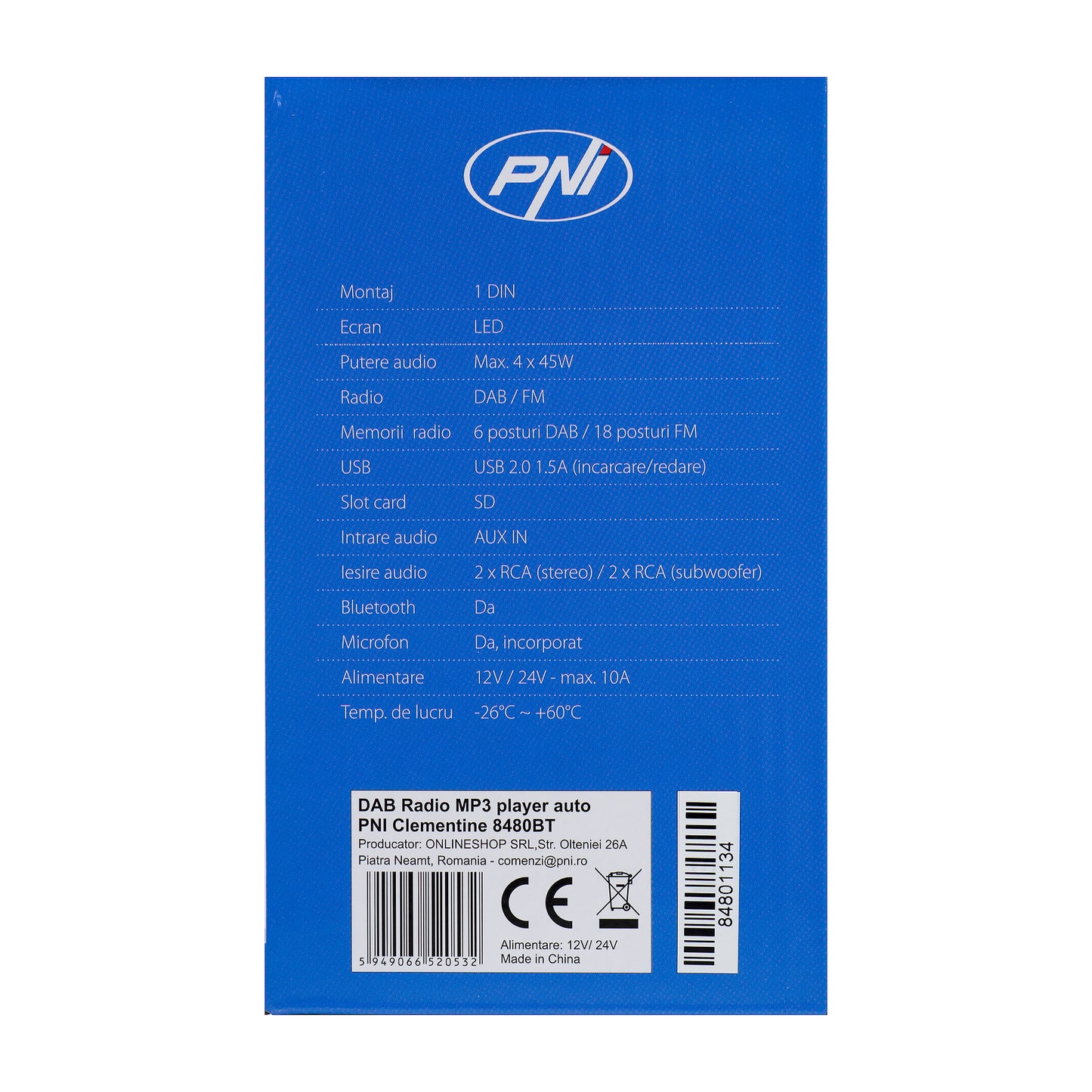 DAB si RDS radio MP3 player auto PNI Clementine 8480BT 4x45w, 12/24V, 1 DIN, cu SD, USB, AUX, RCA, Bluetooth si USB 1.5A pentru incarcare telefon