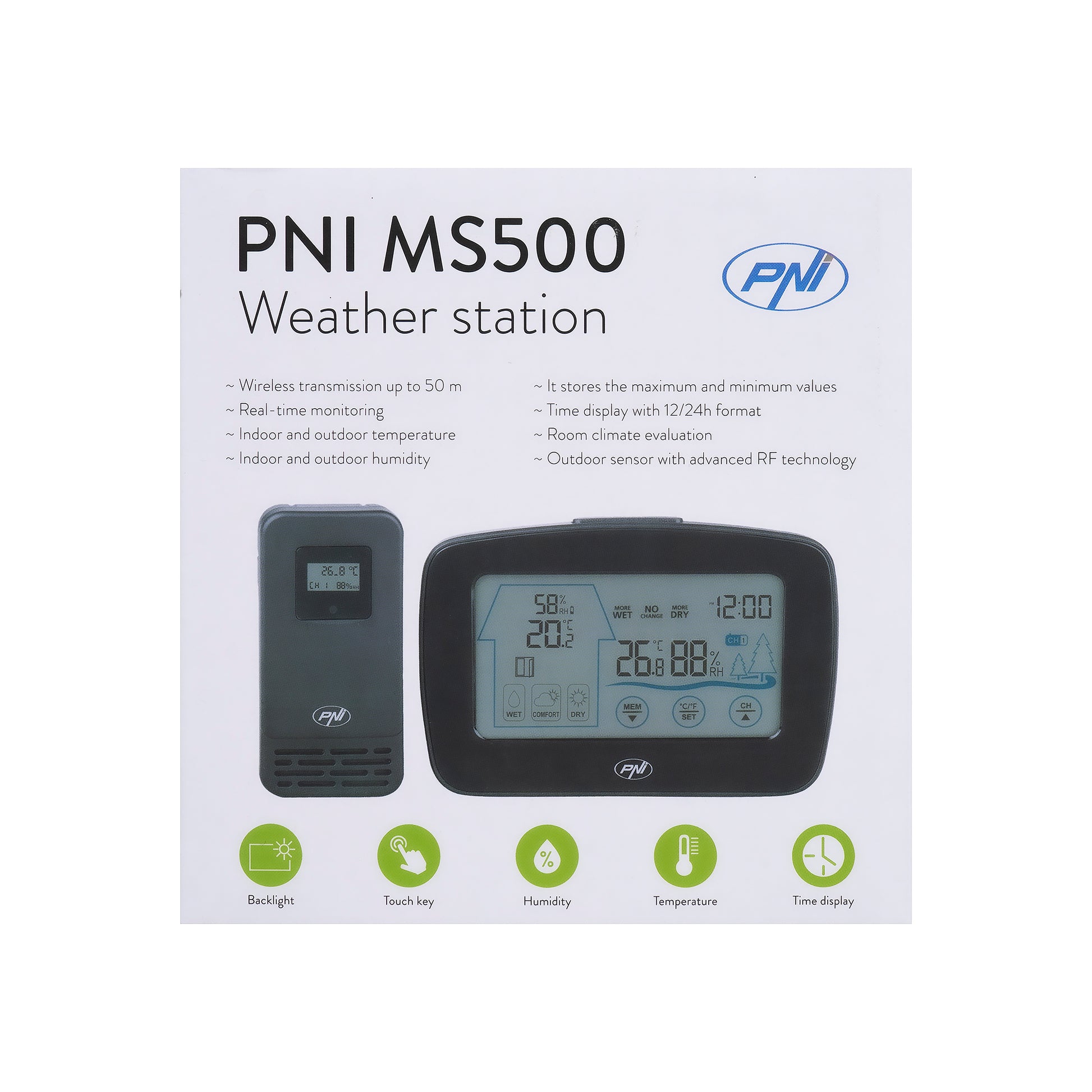 Statie meteo PNI MS500 cu senzor extern fara fir, afiseaza temperatura si umiditatea interioara si exterioara, memorie valori climaterice minime si maxime