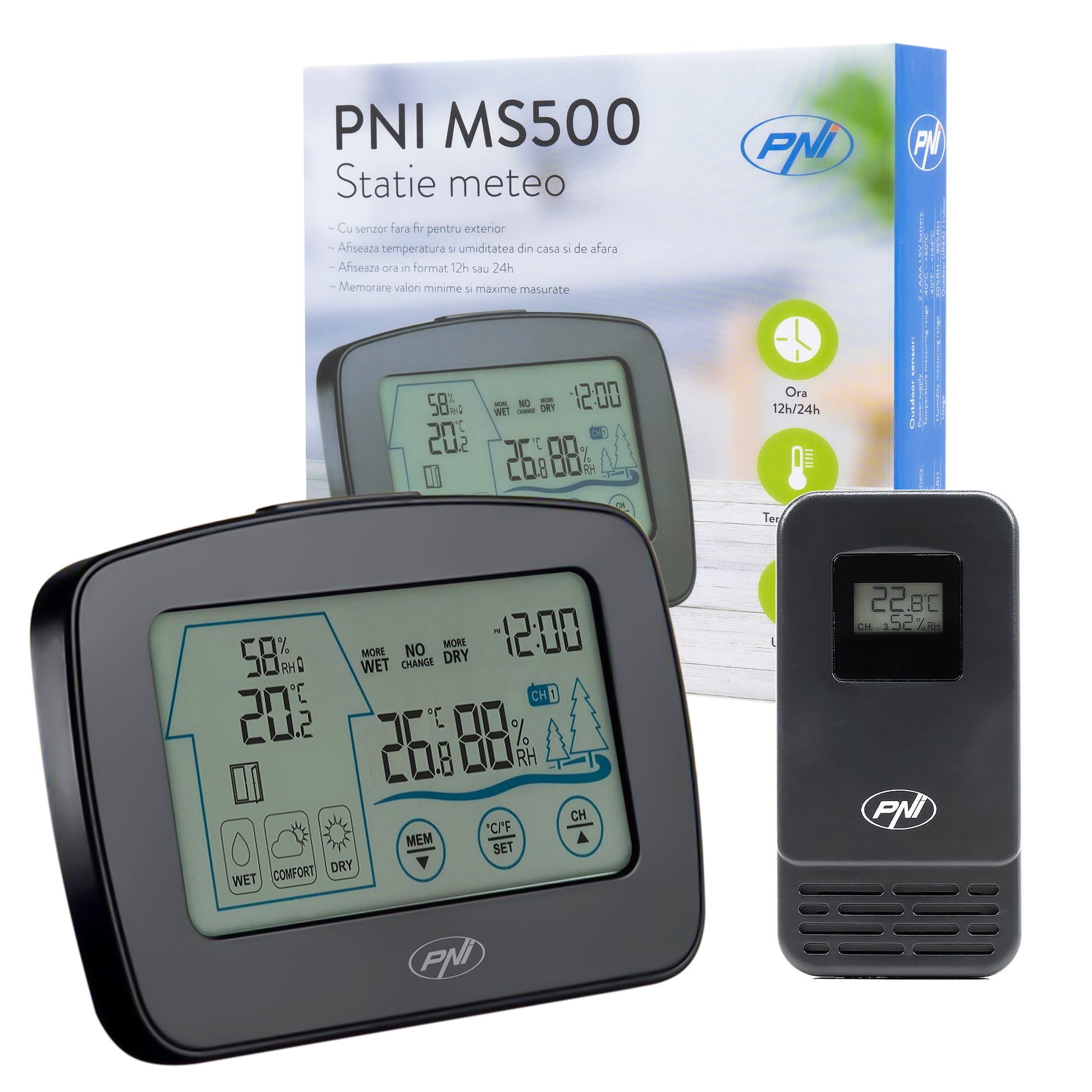 Statie meteo PNI MS500 cu senzor extern fara fir, afiseaza temperatura si umiditatea interioara si exterioara, memorie valori climaterice minime si maxime