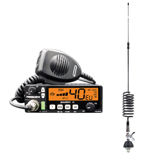 Kit Statie radio CB President BARRY II ASC AM/FM, Roger Beep, NB, ANL, Port USB, VOX, 12V/24V + Antena CB President WA 27 200 cm cu montura si cablu 4 m