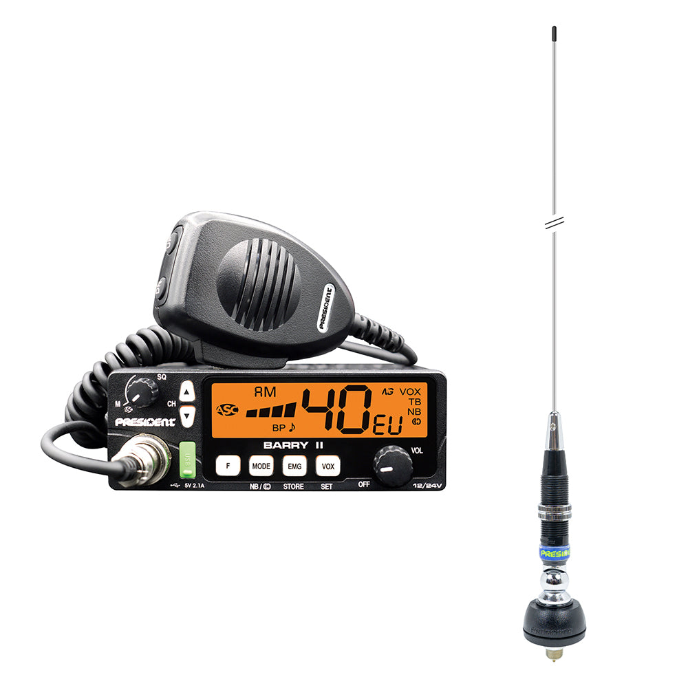 Kit Statie radio CB President BARRY II ASC AM/FM, Roger Beep, NB, ANL, Port USB, VOX, 12V/24V + Antena CB President Iowa 102 cm cu montura si cablu 4 m