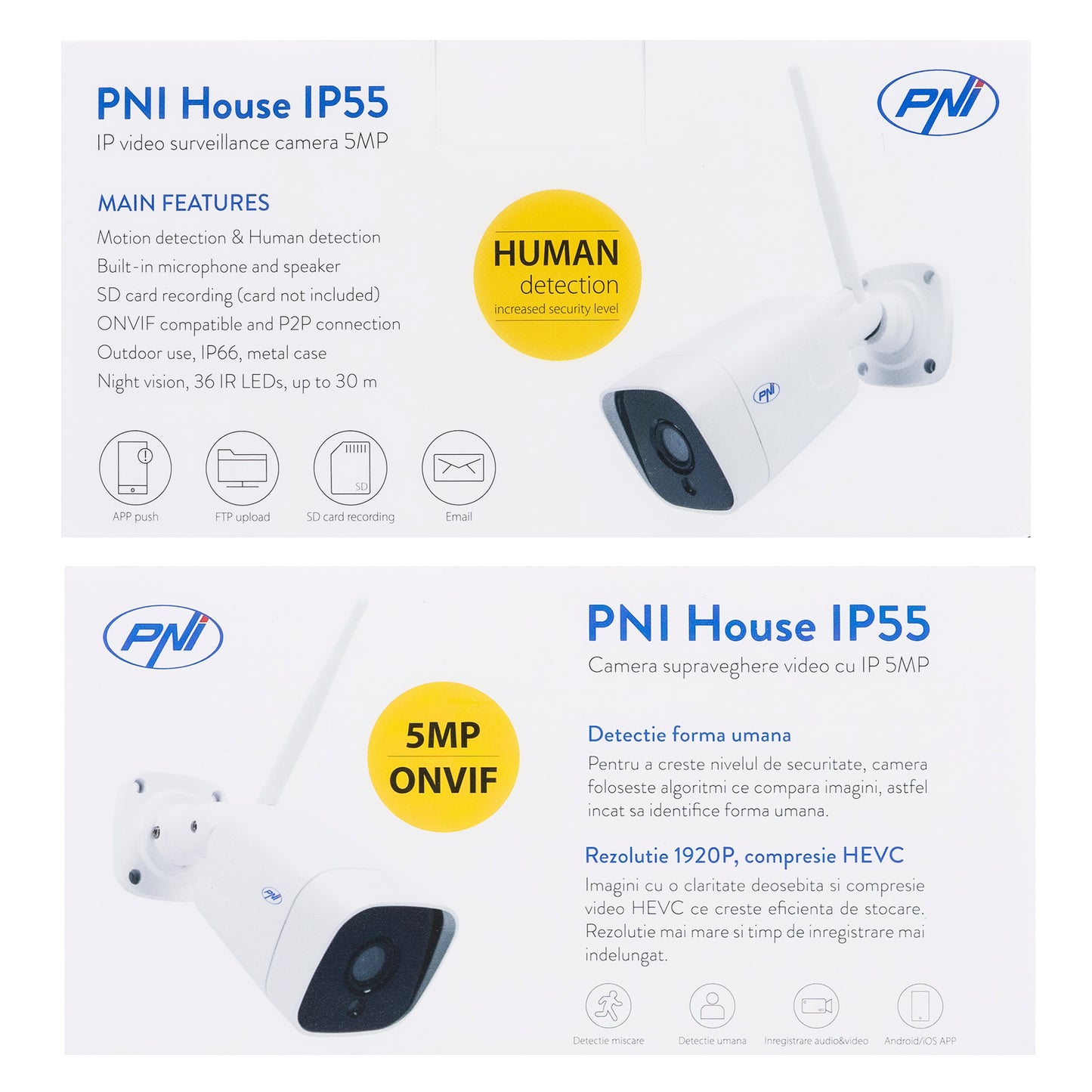 Camera supraveghere video PNI House IP55 5MP wireless cu IP, stand-alone, de exterior si interior si slot microSD, mod noapte