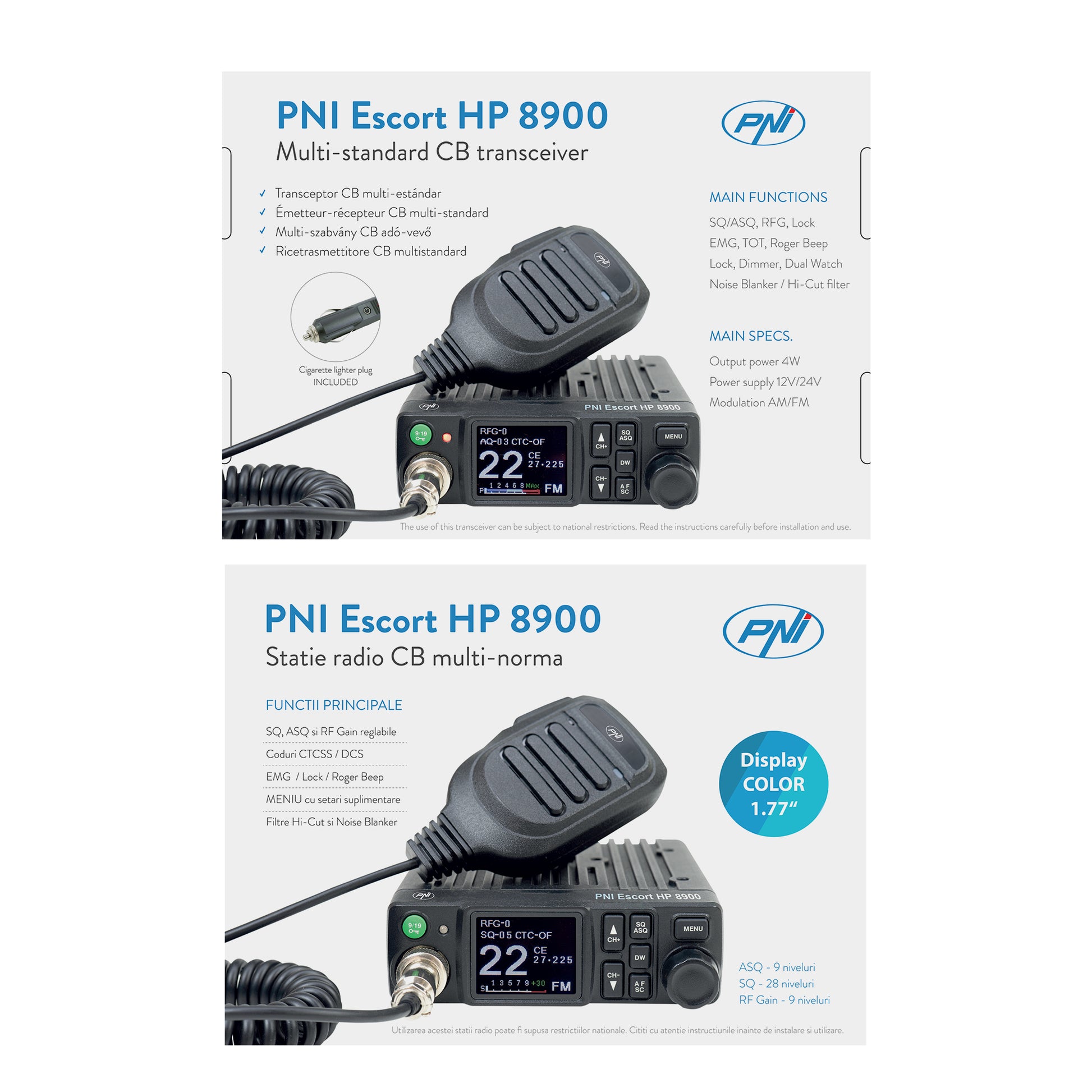 Statie radio CB PNI Escort HP 8900 ASQ, 12V / 24V, RF Gain, Roger Beep, CTCSS-DCS, Dual Watch AM/FM comutati doar in banda EU