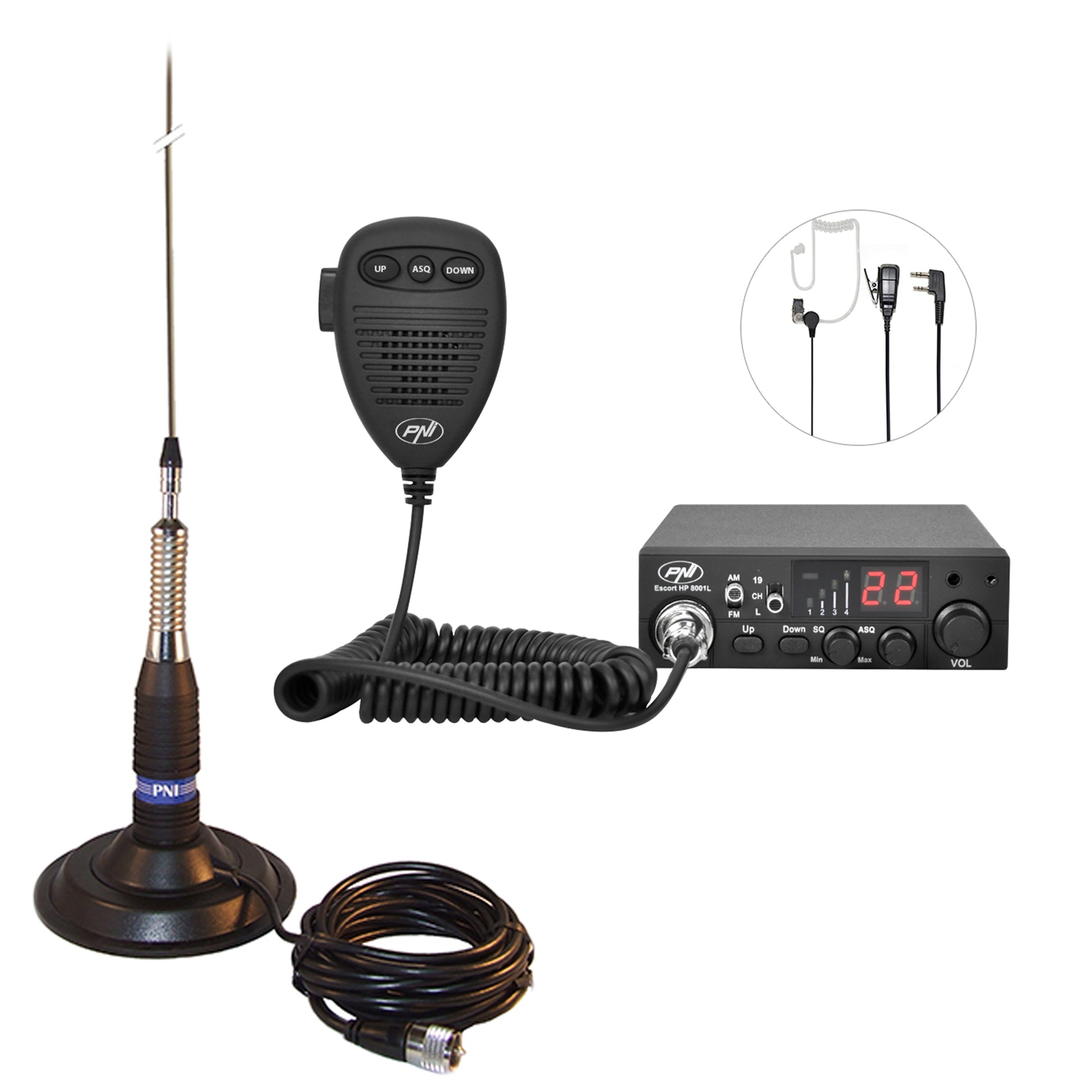 Kit Statie radio CB PNI ESCORT HP 8001L ASQ cu casti PNI HS81 + Antena CB PNI ML160 cu magnet 145mm, lungime 155 cm