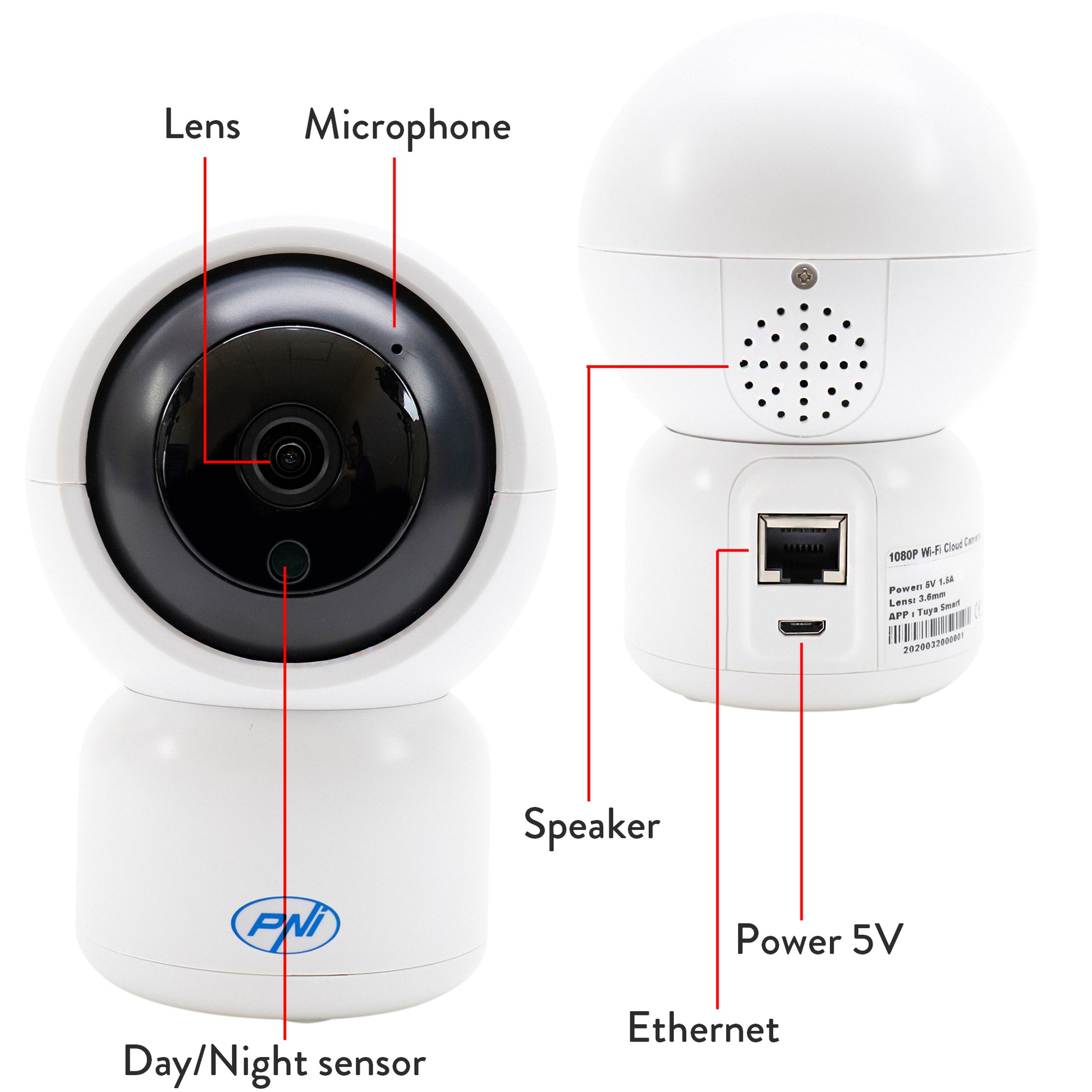 Camera supraveghere video PNI IP390T 1080P cu PTZ WiFi H264+ suporta microSD 128GB, Night Vision, aplicatia Tuya, P2P, Android, iOS, pentru interior, rotire dupa miscare, alarma la miscare