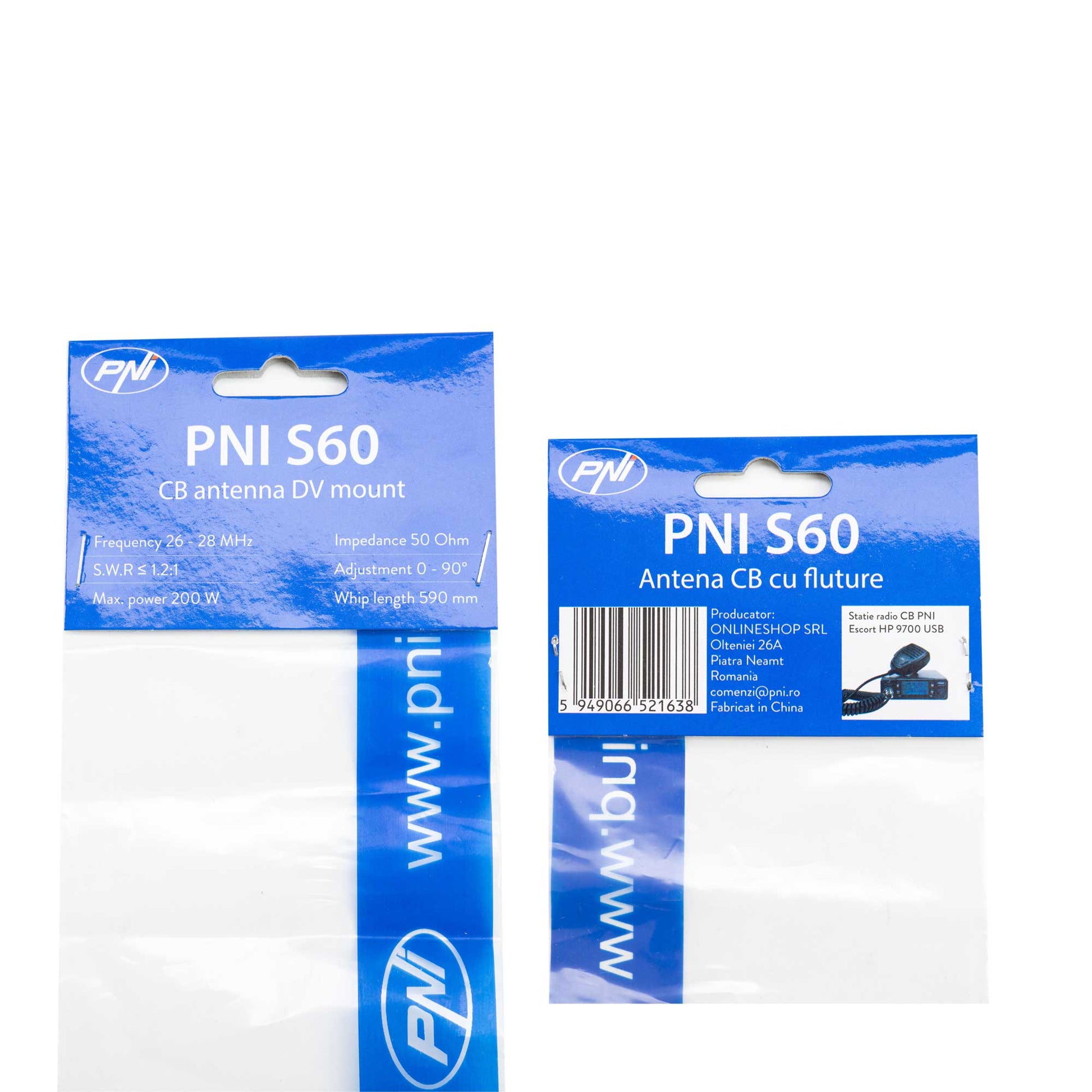 Antena CB PNI S60 cu fluture, lungime spic 59 cm, cu montura, cablu 4 m si mufa PL, fibra de sticla