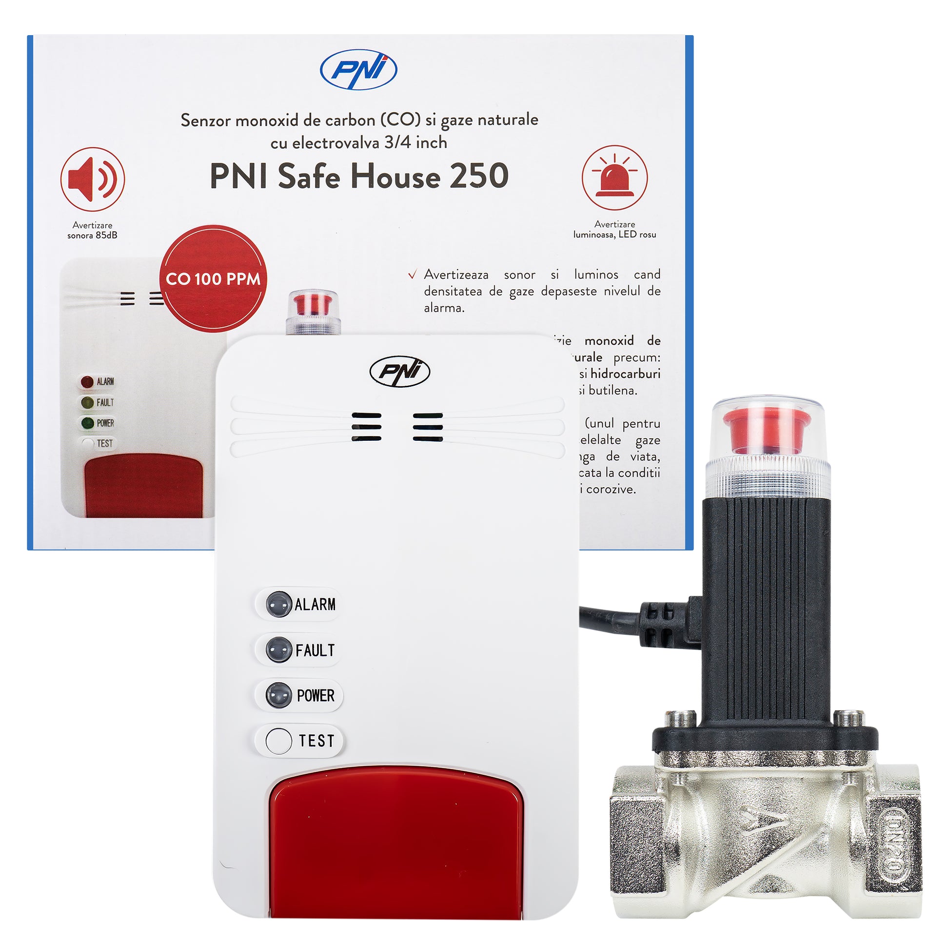 Kit PNI Safe House Dual Gas 250 cu senzori pentru 2 tipuri de gaz monoxid de carbon (CO) si gaze naturale si electrovalva 3/4 inch