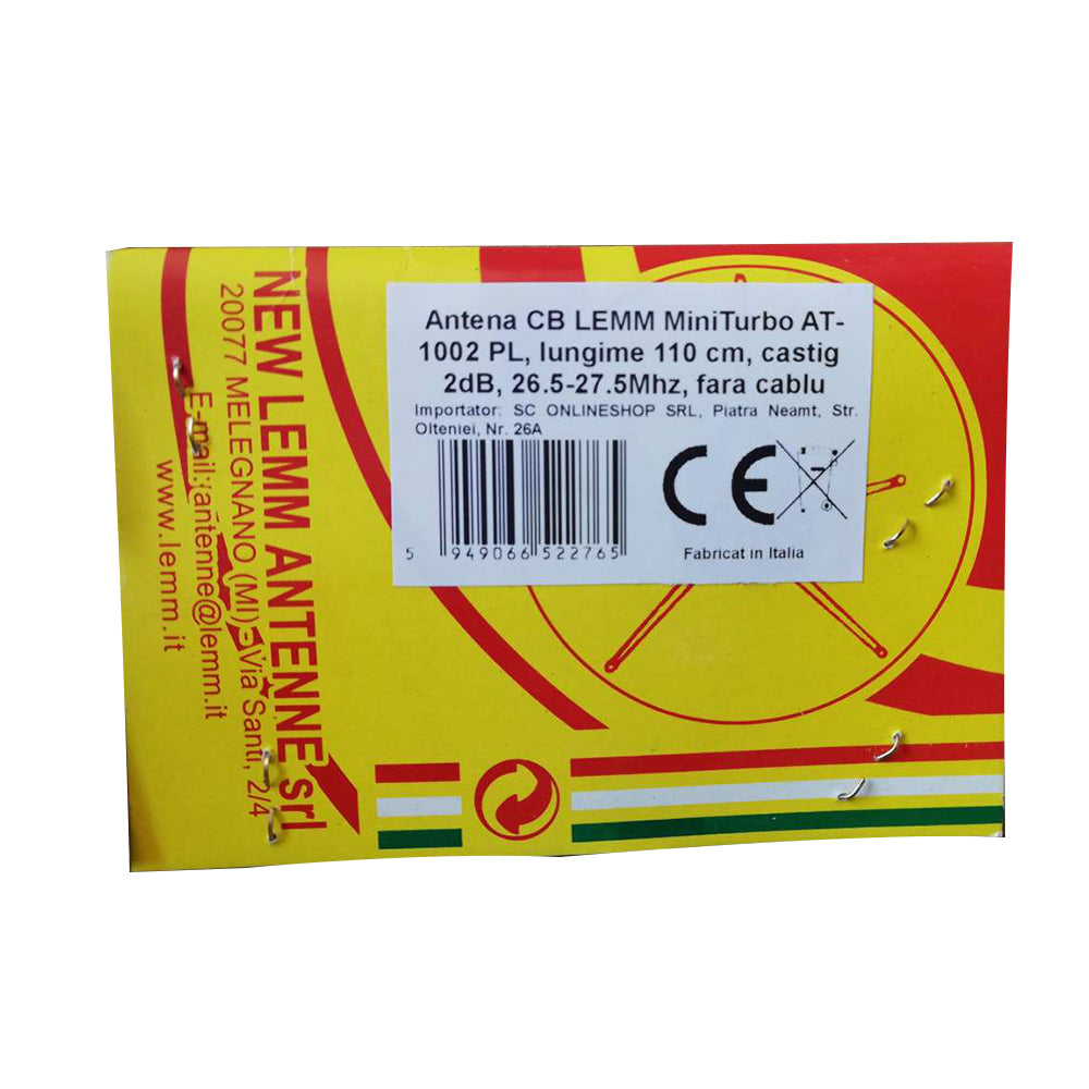 Antena CB LEMM MiniTurbo AT-1002 PL, lungime 110 cm, castig 2dB, 26.5-27.5Mhz, 200W, fara cablu, fabricata in Italia