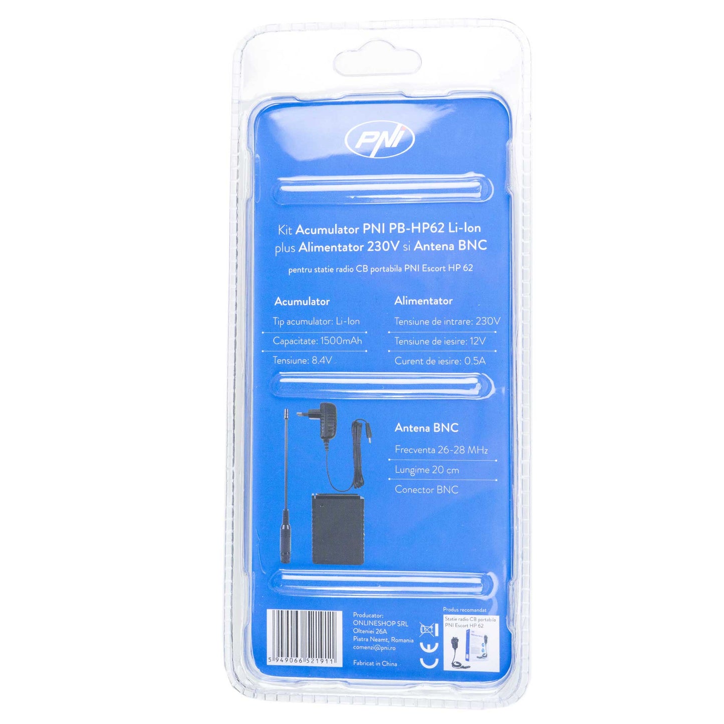 Kit acumulator PNI PB-HP62 Li-Ion 1500mAh plus alimentator 230V iesire 8.4V si antena BNC pentru statie PNI Escort HP 62