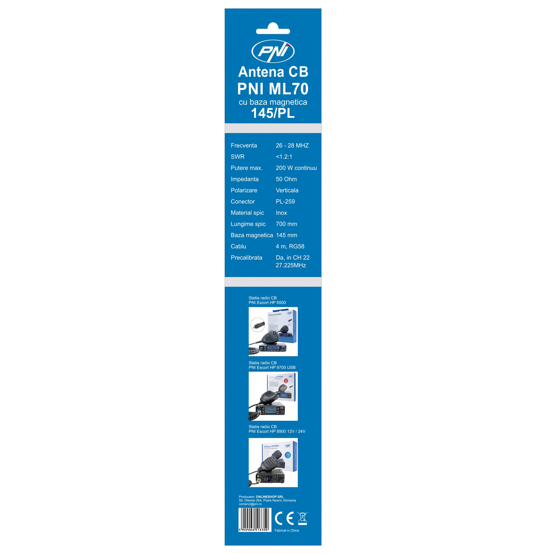 Antena CB PNI ML70 lungime 70cm, 26-30MHz, 200W, magnet 145 mm inclus