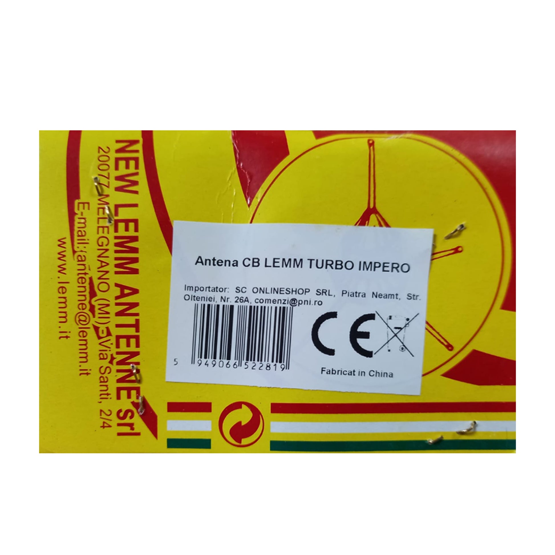 Antena CB LEMM TURBO IMPERO, alb, lungime 200 cm, castig 7dB, 26.5-28Mhz, 2500W, cablu RG58 4m, fabricata in Italia