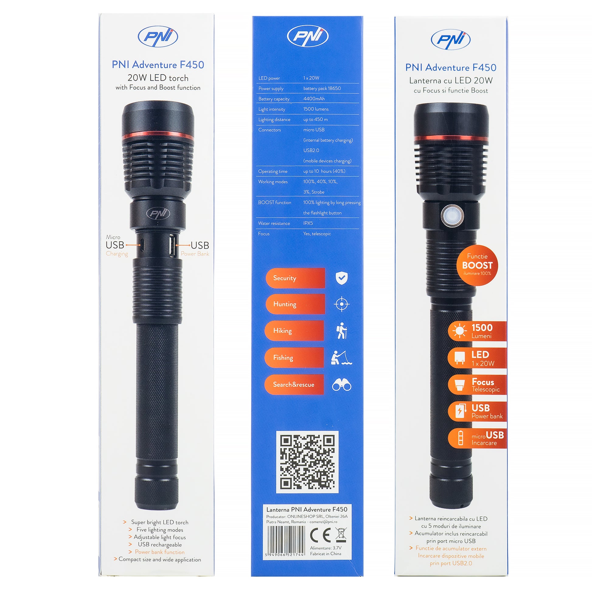 Lanterna PNI Adventure F450 din aluminiu cu focus si functie BOOST, led 20 W, 1500 lm  pana la 450 m, IPX5, power bank cu iesire USB, incarcare prin micro USB, acumulator 4400 mAh inclus, functioneaza 10 ore continuu