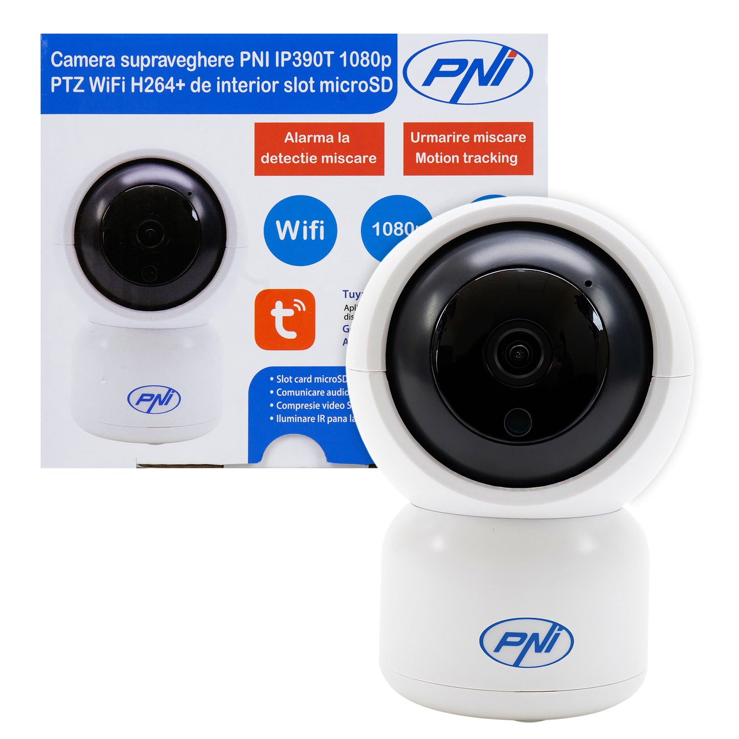 Camera supraveghere video PNI IP390T 1080P cu PTZ WiFi H264+ suporta microSD 128GB, Night Vision, aplicatia Tuya, P2P, Android, iOS, pentru interior, rotire dupa miscare, alarma la miscare