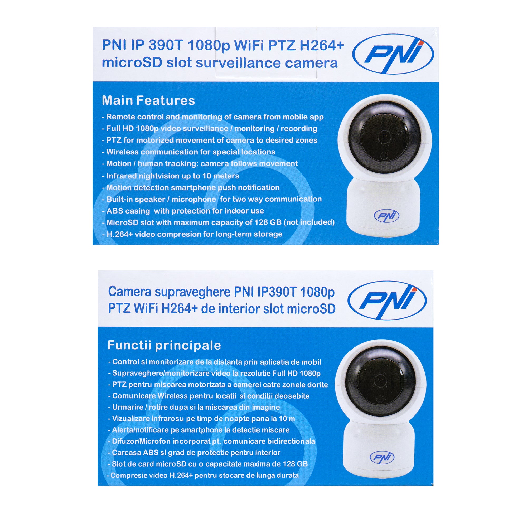 Camera supraveghere video PNI IP390T 1080P cu PTZ WiFi H264+ suporta microSD 128GB, Night Vision, aplicatia Tuya, P2P, Android, iOS, pentru interior, rotire dupa miscare, alarma la miscare