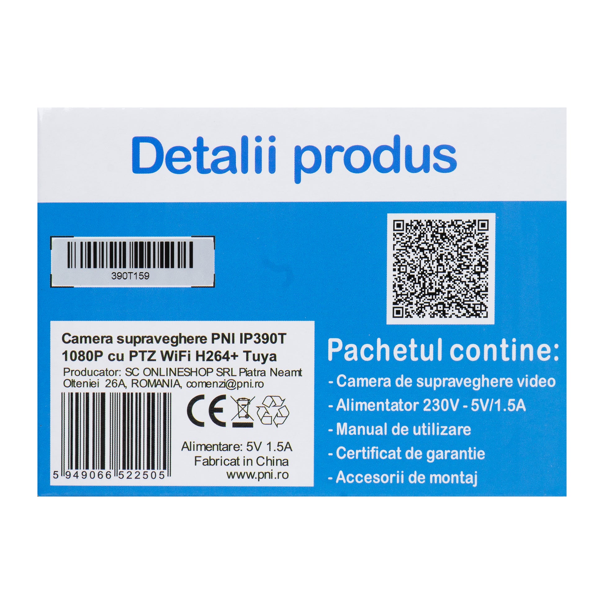 Camera supraveghere video PNI IP390T 1080P cu PTZ WiFi H264+ suporta microSD 128GB, Night Vision, aplicatia Tuya, P2P, Android, iOS, pentru interior, rotire dupa miscare, alarma la miscare