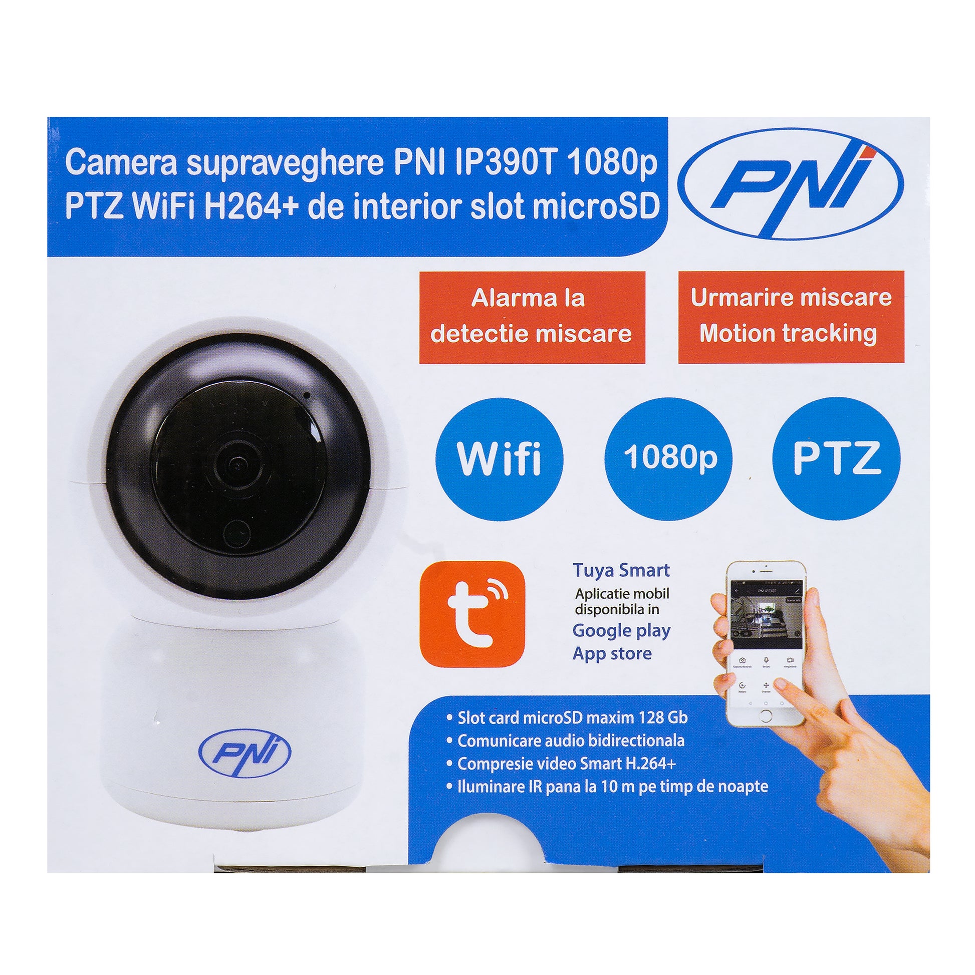 Camera supraveghere video PNI IP390T 1080P cu PTZ WiFi H264+ suporta microSD 128GB, Night Vision, aplicatia Tuya, P2P, Android, iOS, pentru interior, rotire dupa miscare, alarma la miscare