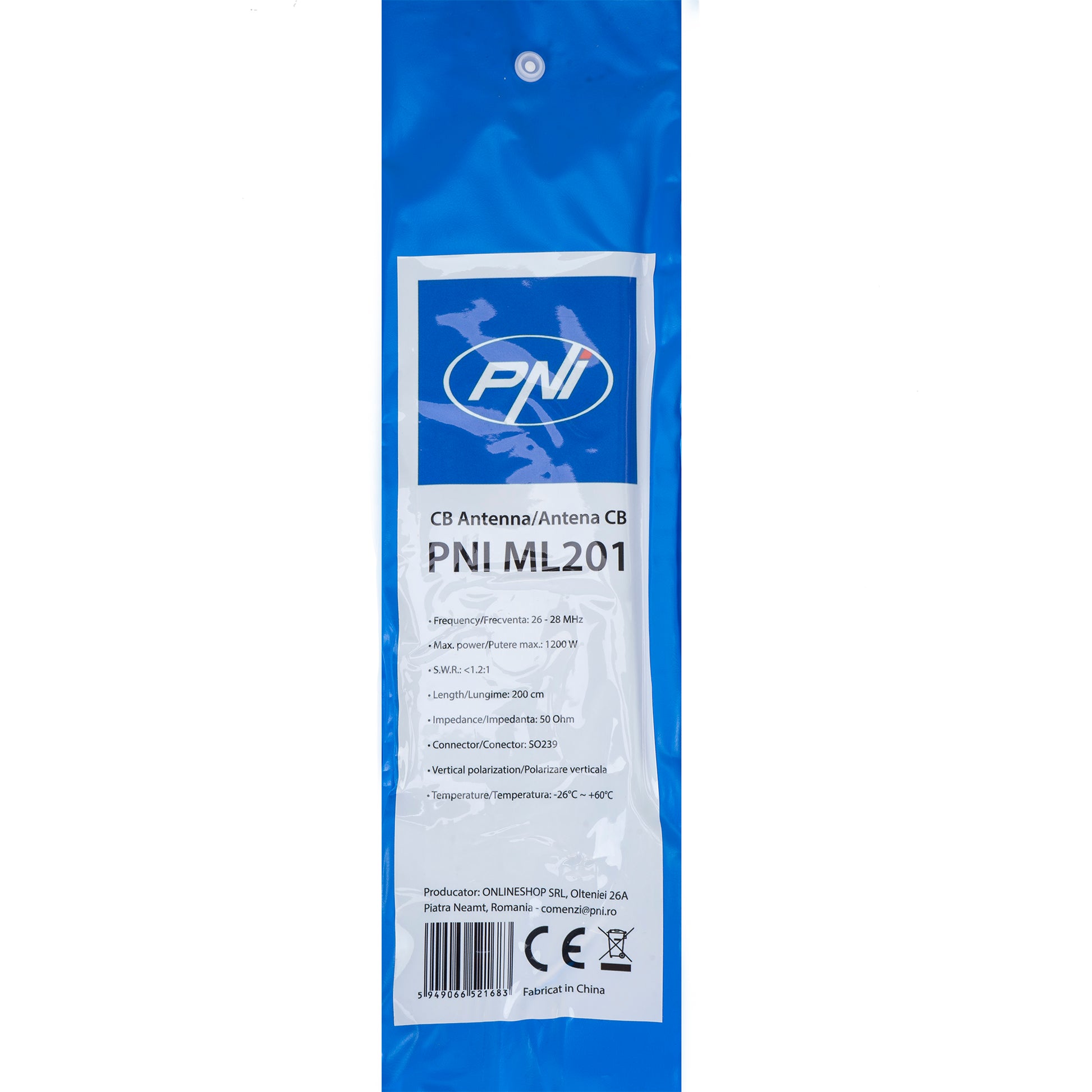 Antena CB PNI ML201 Black, lungime 201cm, 26-28MHz, 1200W cu inclinare la 90 de grade