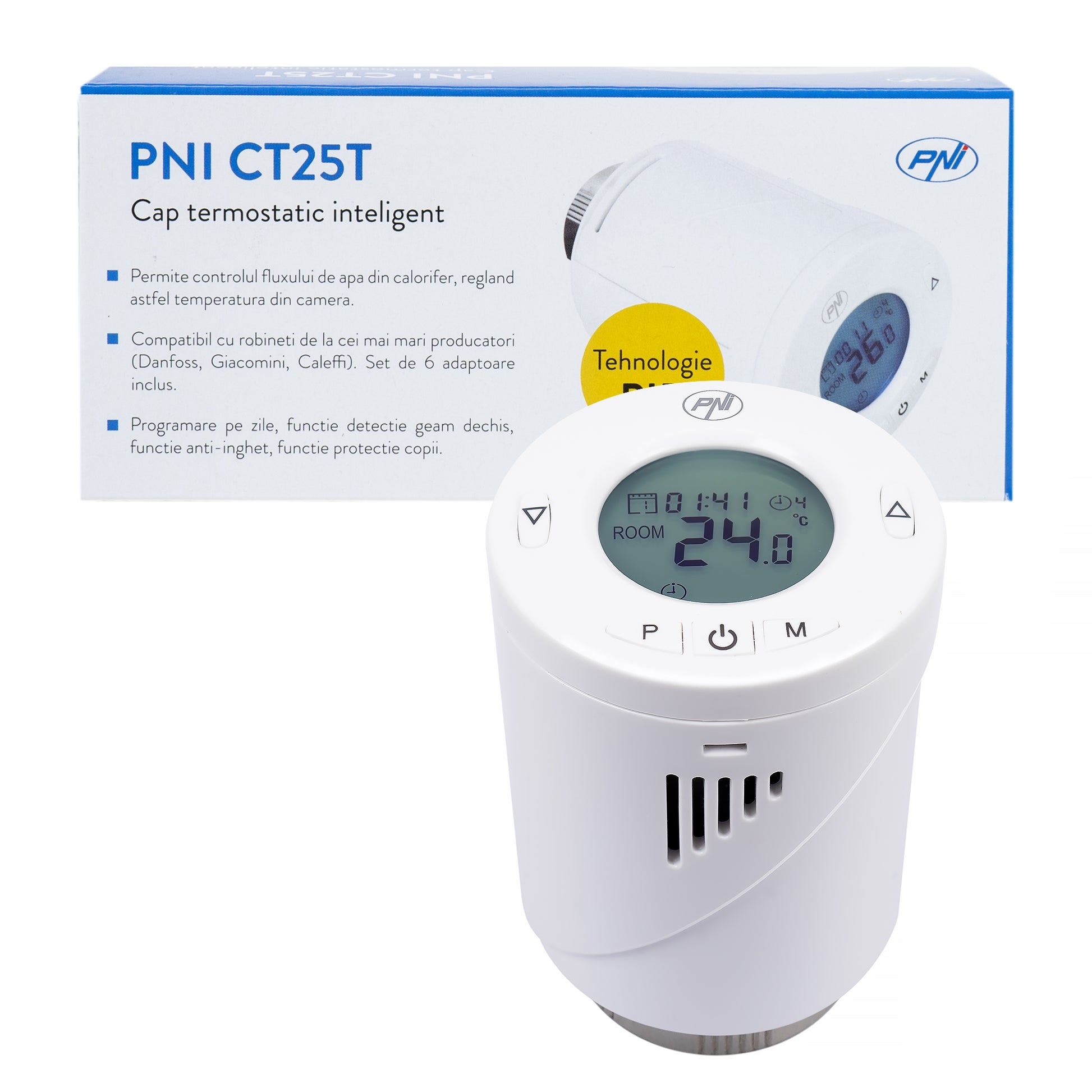 Cap termostatic inteligent PNI CT25T pentru calorifer, se conecteaza fara fir cu Hub PNI CT25WIFI cu control prin Internet, aplicatie de mobil Tuya Smart