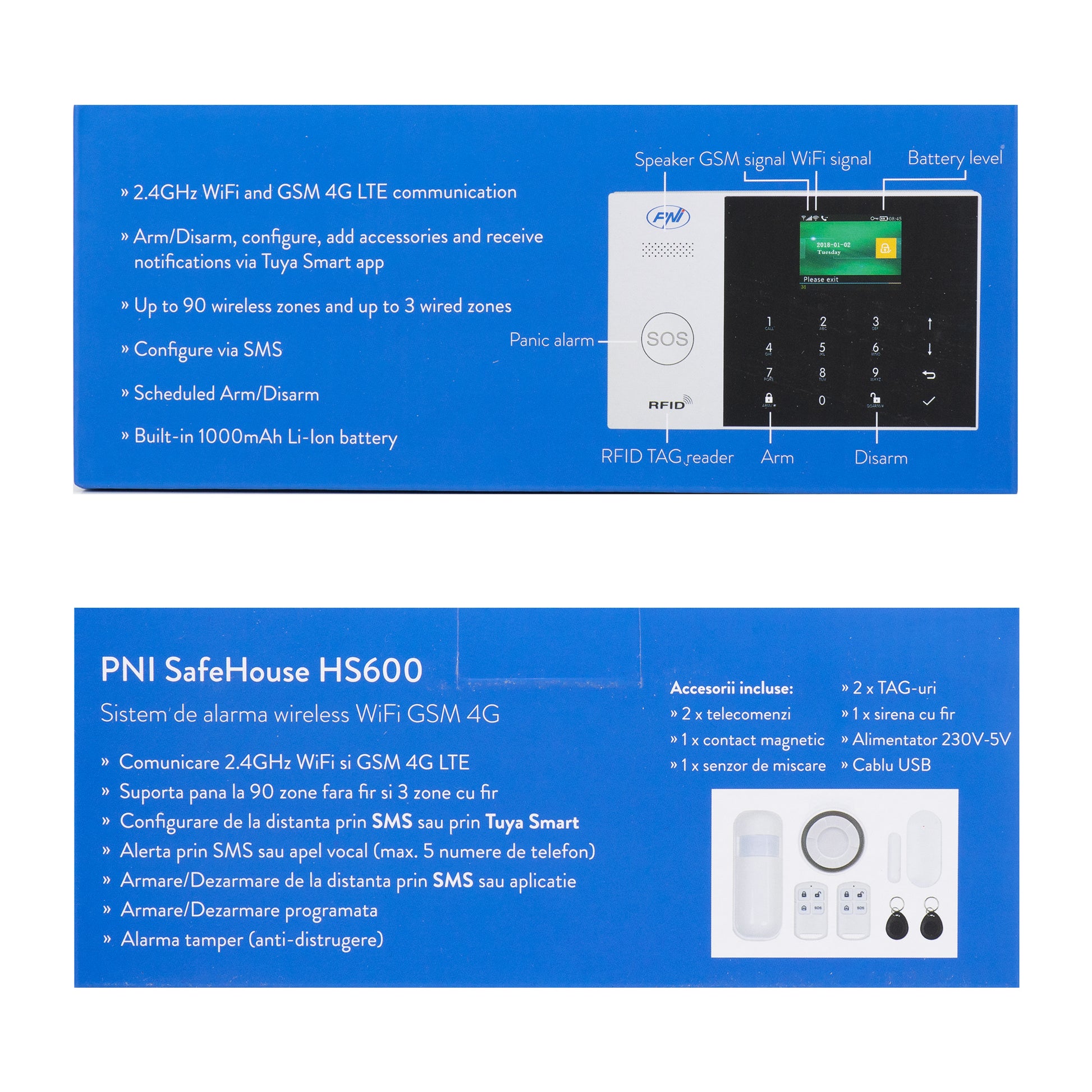 Sistem de alarma wireless PNI SafeHouse HS600 Wifi GSM 4G,  suporta 90 zone wireless si 3 zone cu fir, compatibil cu aplicatia Tuya Smart, alerta prin SMS, apel vocal, notificare pe telefon