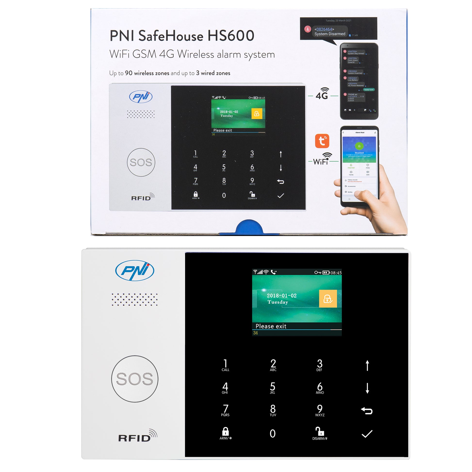 Sistem de alarma wireless PNI SafeHouse HS600 Wifi GSM 4G,  suporta 90 zone wireless si 3 zone cu fir, compatibil cu aplicatia Tuya Smart, alerta prin SMS, apel vocal, notificare pe telefon