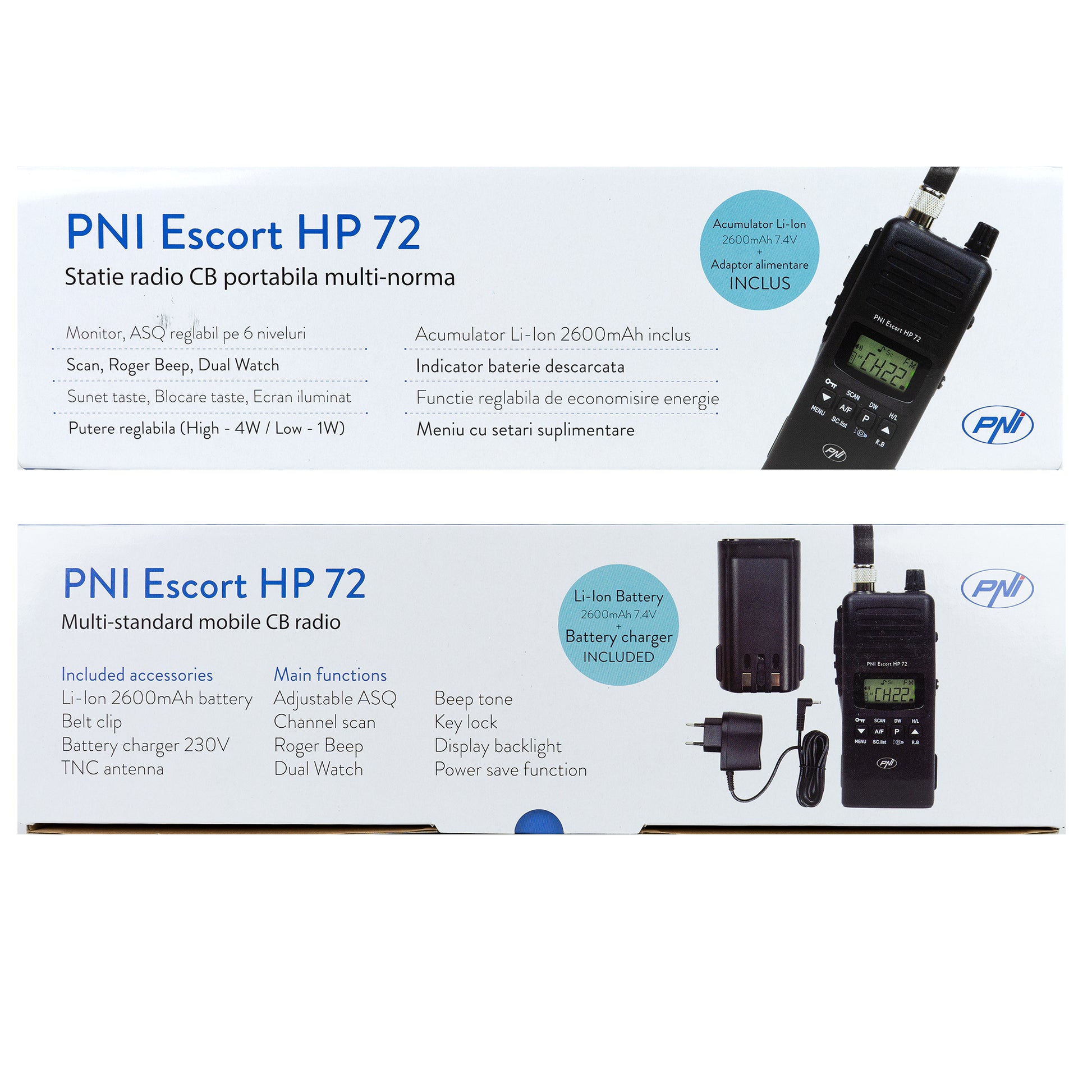 Statie radio CB portabila PNI Escort HP 72, multi-standard, 4W, AM-FM, ASQ reglabil pe 6 niveluri, Dual Watch, Scan, Lock, Roger Beep