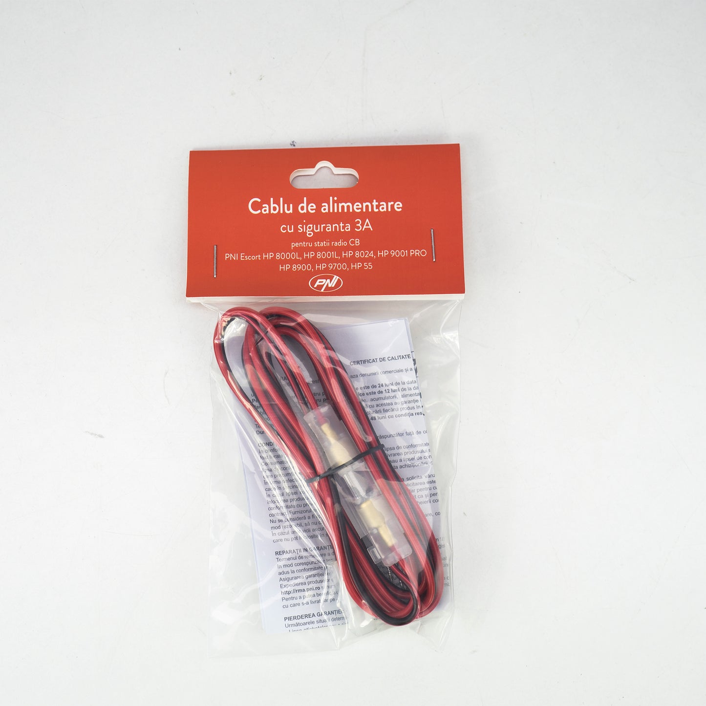 Cablu alimentare PNI cu siguranta 3A si conector pentru statii radio CB PNI HP 8000L, 8001L, 8024, 9001 PRO, 9700, lungime 2 metri
