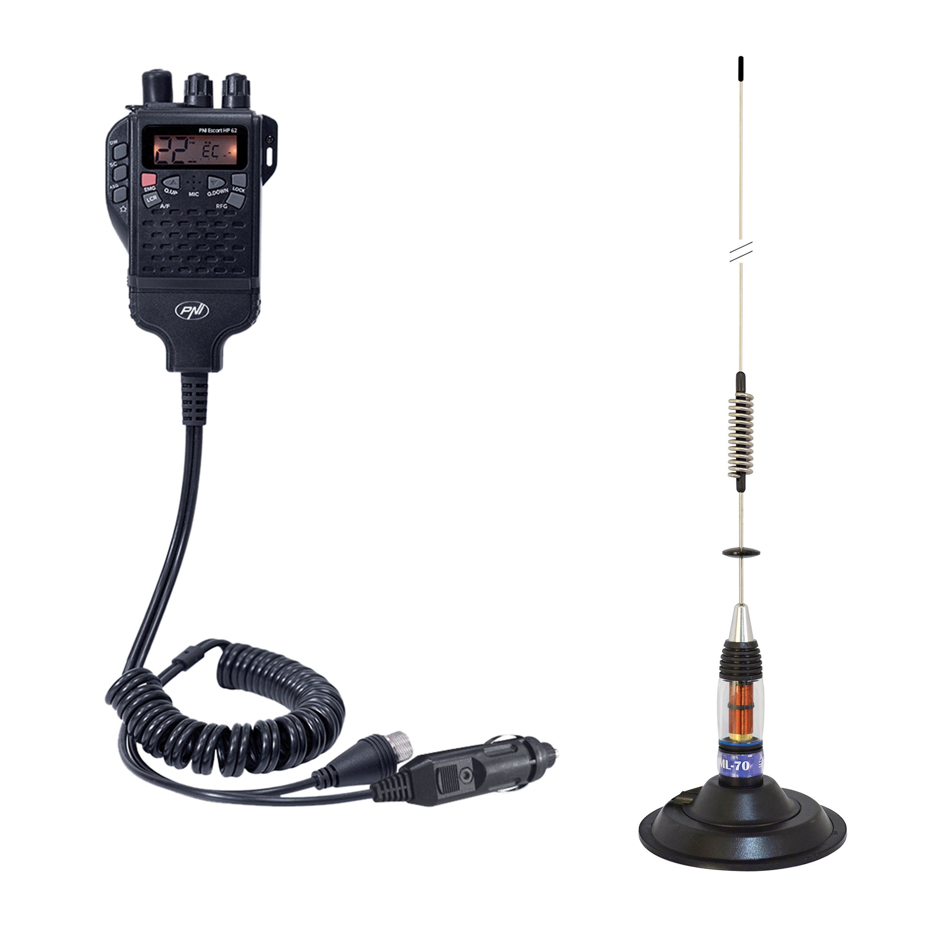 Pachet Statie radio CB PNI Escort HP 62, ASQ, RF Gain si Antena CB PNI ML70 cu baza magnetica 145 mm inclusa