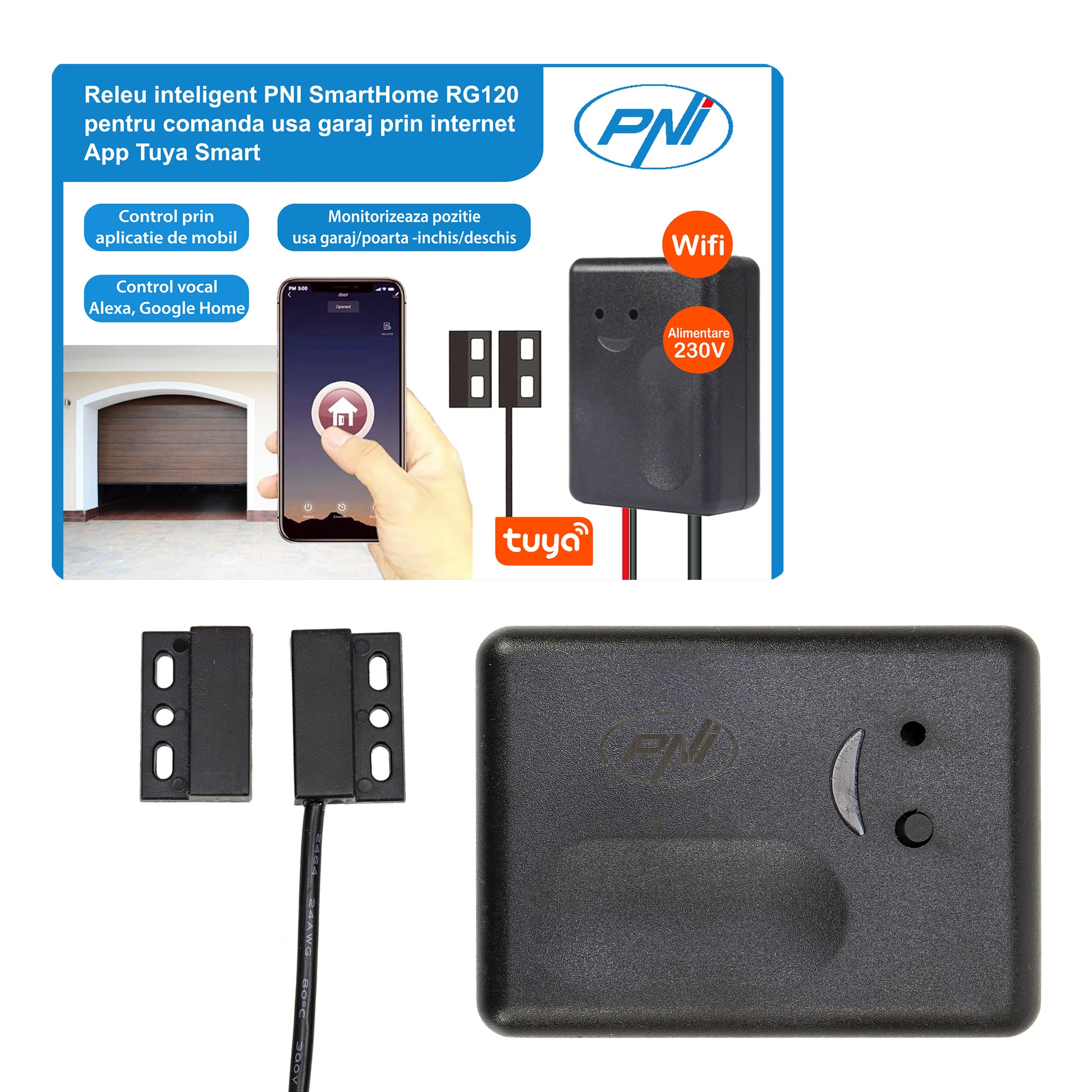 Releu inteligent PNI SmartHome RG120 WiFi pentru comanda deschidere usa garaj/poarta monitorizata prin internet cu App Tuya Smart, compatibil Amazon Alexa si Google Home, deschizător pentru uși de garaj
