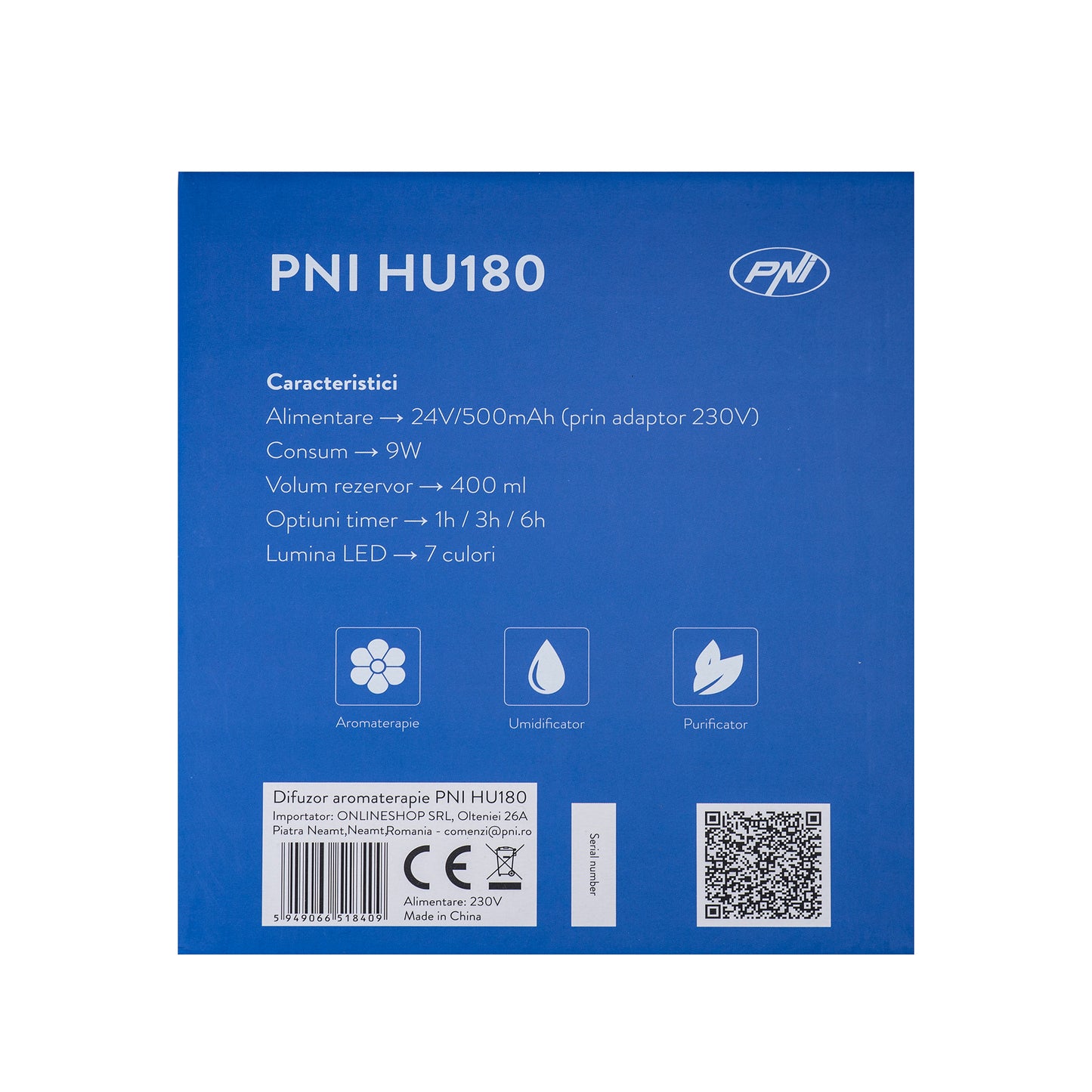 Difuzor aromaterapie PNI HU180 pentru uleiuri esentiale,  cu ultrasunete, 400 ml, timer, 7 culori LED, inchidere automata, Wood Grain