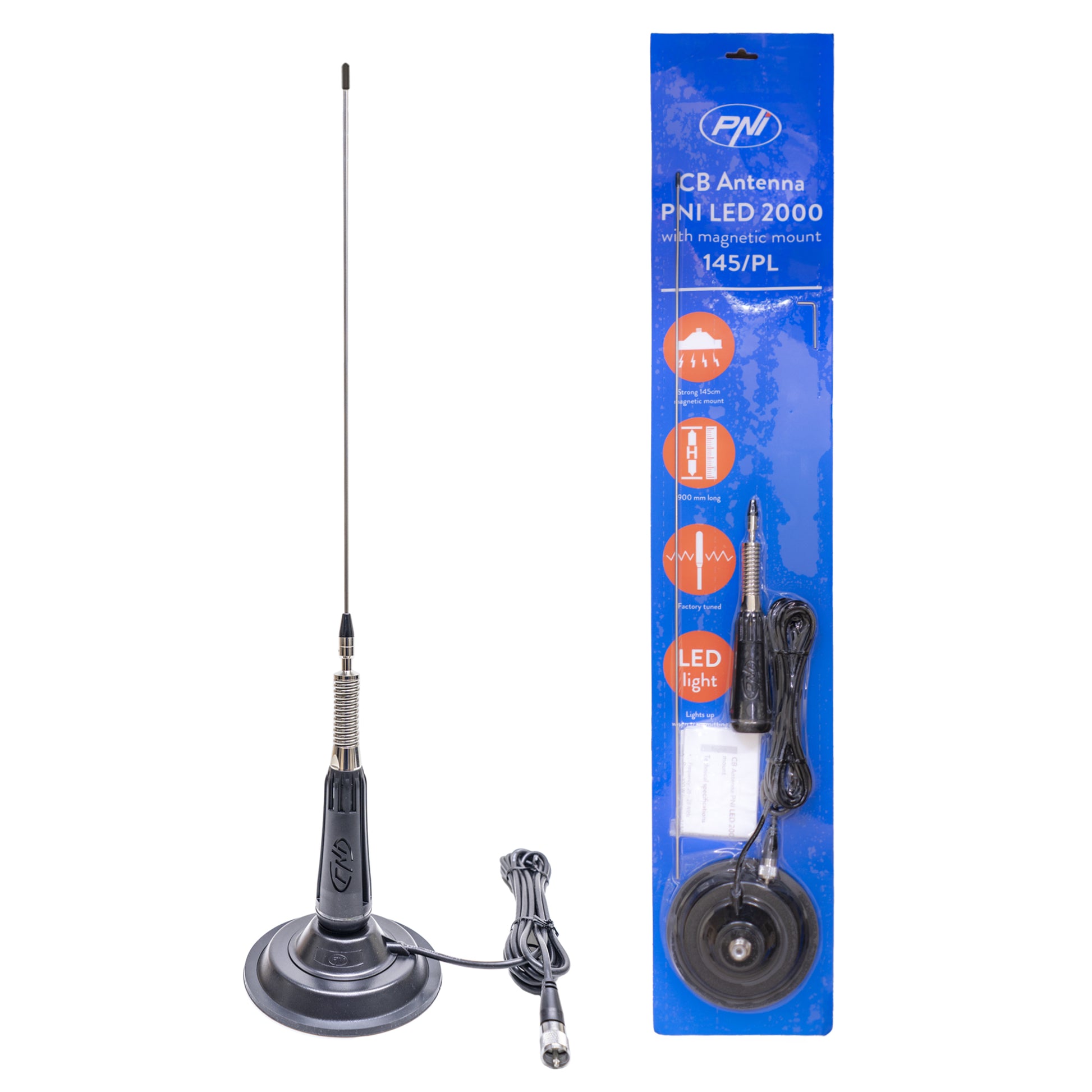 Antena CB PNI LED 2000 90 cm, cu baza magnetica 145mm, 26-28 MHz, 500 Watt, ilumineaza in timpul emisiei